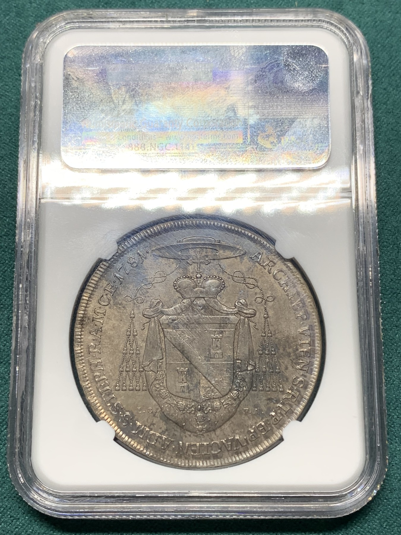 欢迎参加《竞宝斋》为爱冲冲冲 七夕特拍专场 ！第191场 (全场包邮) NGC-AU58 神圣罗马帝国 1781年 奥地利维也纳教区 克里斯多夫.安东 红衣大主教 1泰勒 酱彩泛金咖色包浆 极少见的维也纳品种 克书指导价UNC 1700刀 去年国内成交一枚MS62 12000RMB