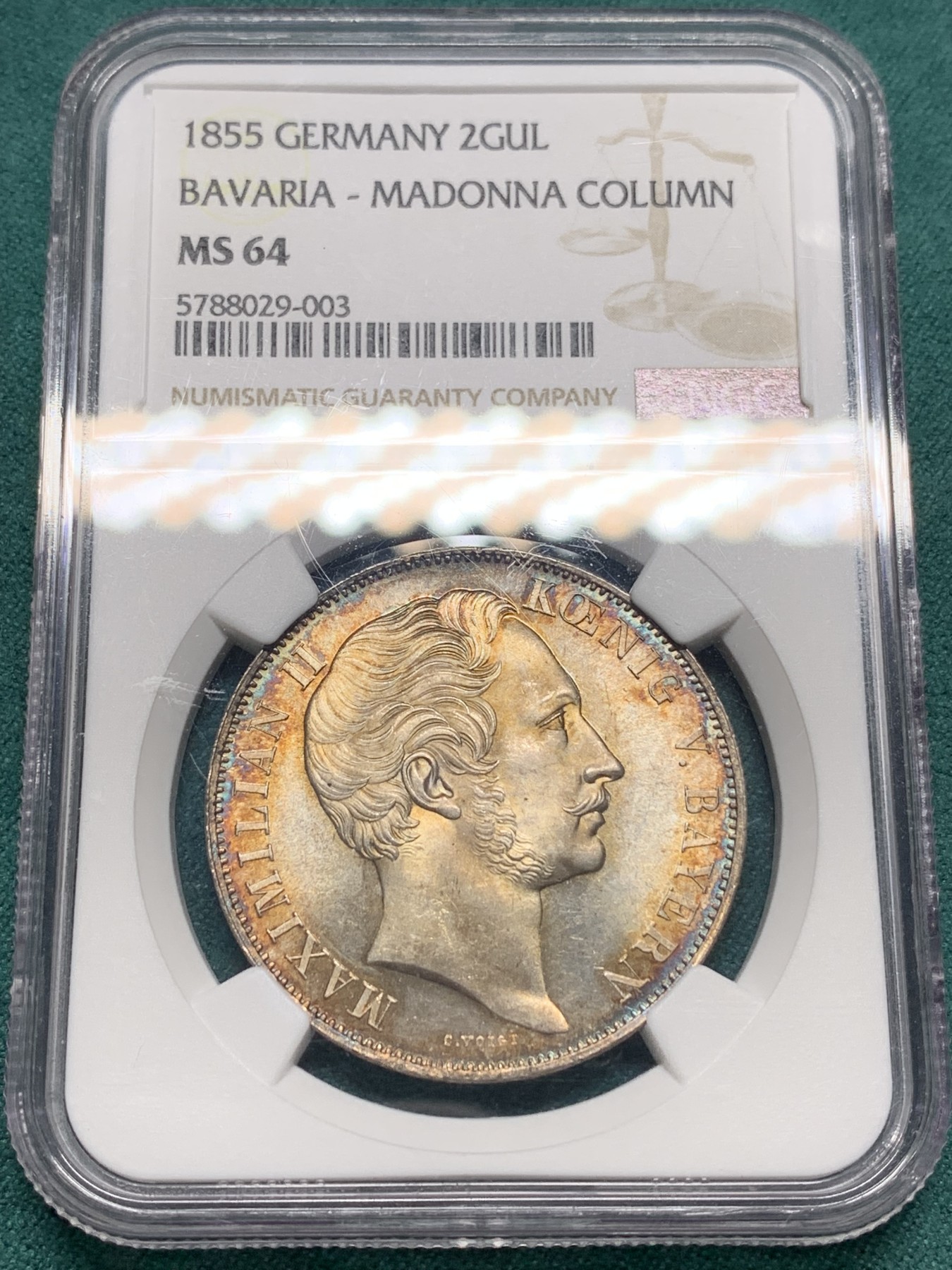 欢迎参加《竞宝斋》为爱冲冲冲 七夕特拍专场 ！第191场 (全场包邮) NGC-MS64 德国 巴伐利亚1855年圣母抱婴2盾银币，绝美环彩炫光包浆，状态无敌