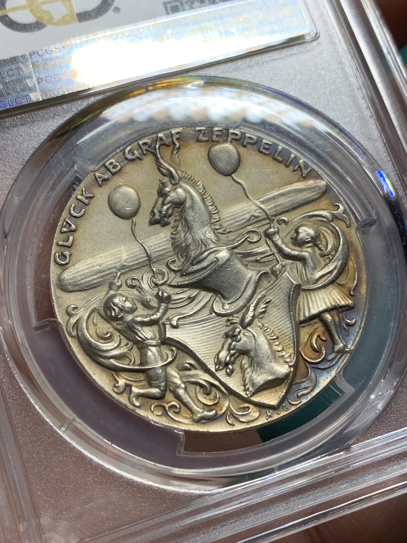 欢迎参加《竞宝斋》为爱冲冲冲 七夕特拍专场 ！第191场 (全场包邮) 1928年 PCGS-SP63 德国魏玛 飞艇之父齐柏林诞辰90周年纪念银章 卡尔哥茨作品 包浆细节美