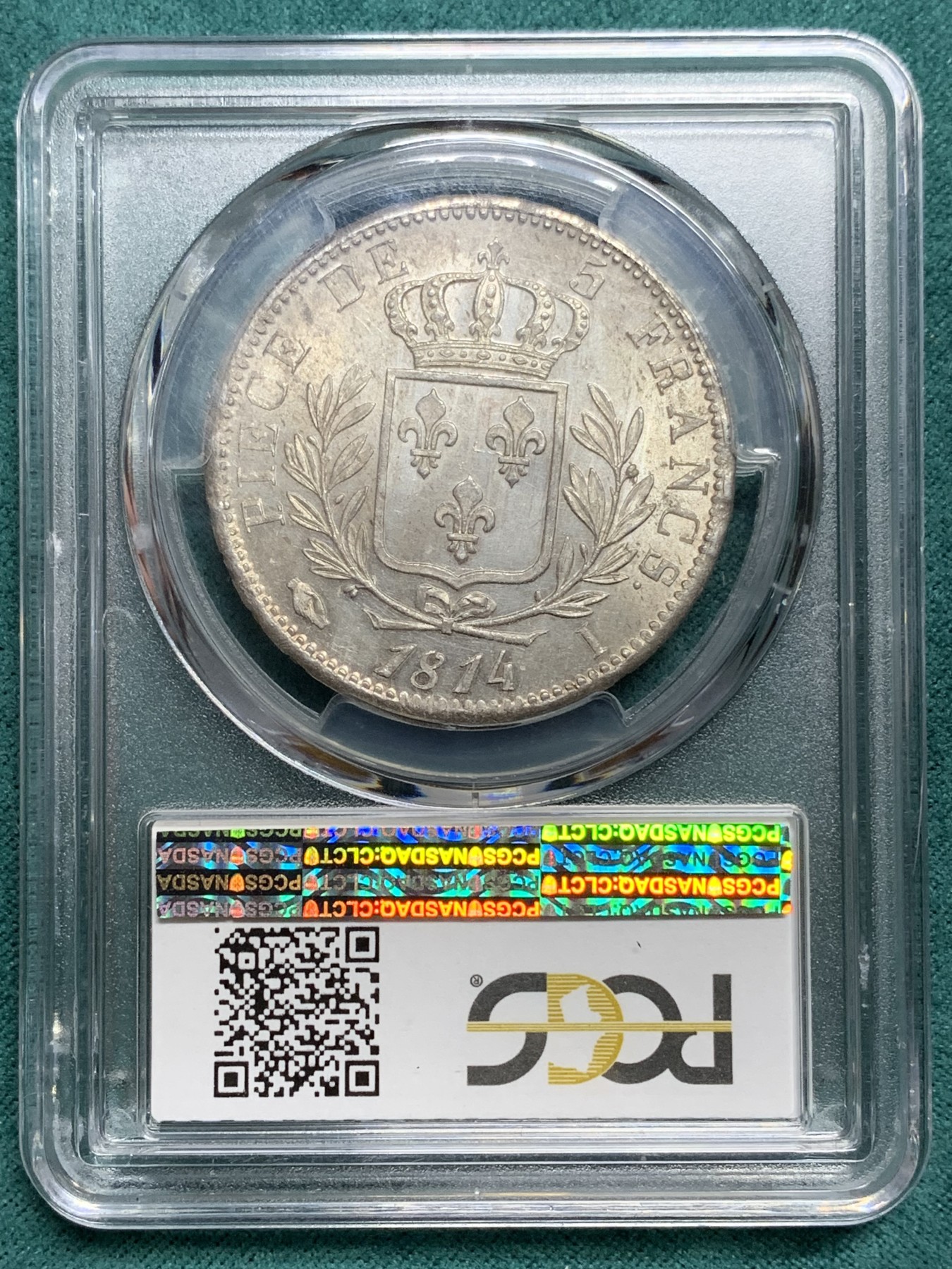 欢迎参加《竞宝斋》为爱冲冲冲 七夕特拍专场 ！第191场 (全场包邮) PCGS MS63 法国 1814年I版 路易十八 戎装版 5法郎银币 只有铸造了两年 极少品种  分数与品质共存 非常不错