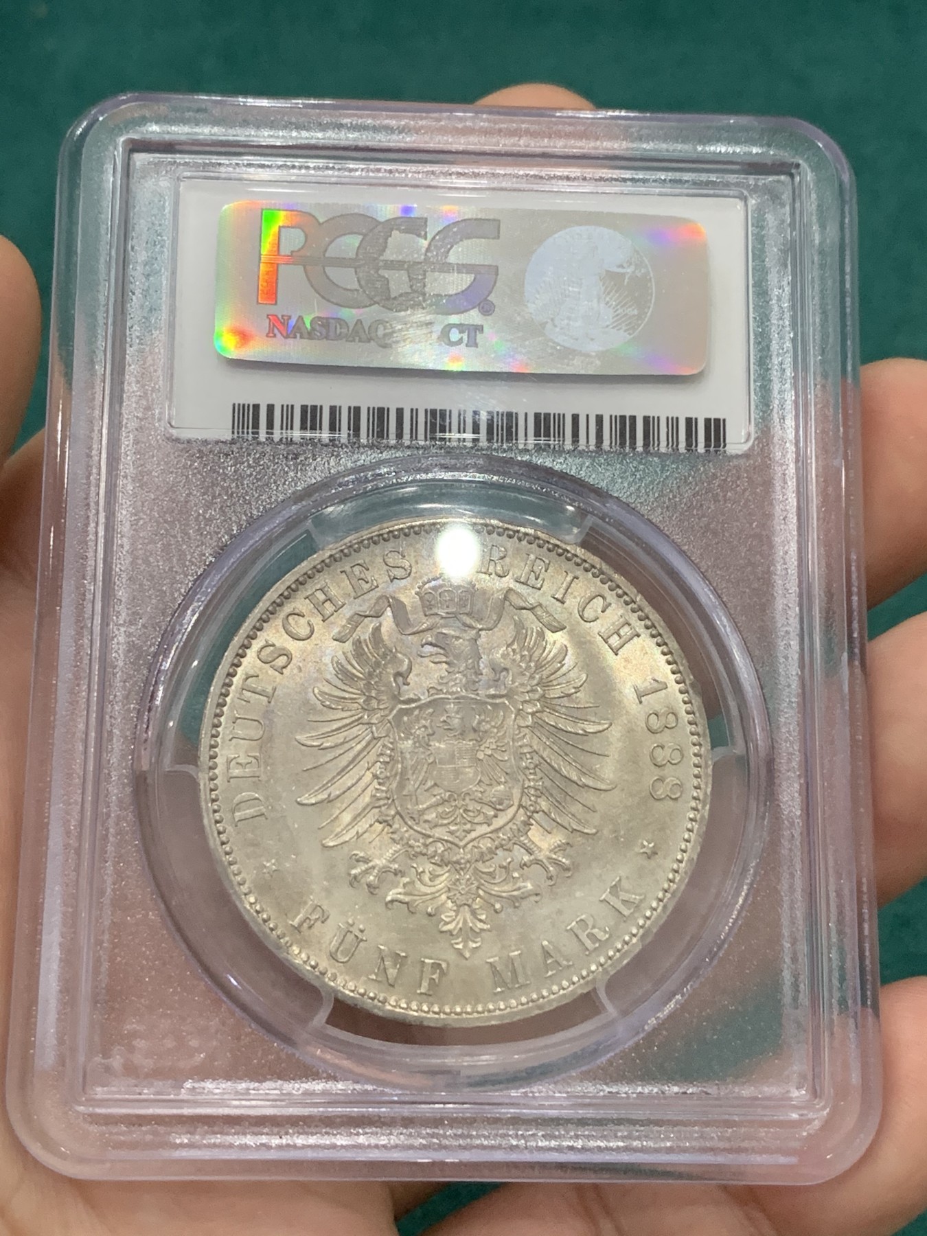 欢迎参加《竞宝斋》为爱冲冲冲 七夕特拍专场 ！第191场 (全场包邮) PCGS MS62 德国普鲁士1888年三皇5马克银币 原光车轮光 光度一流