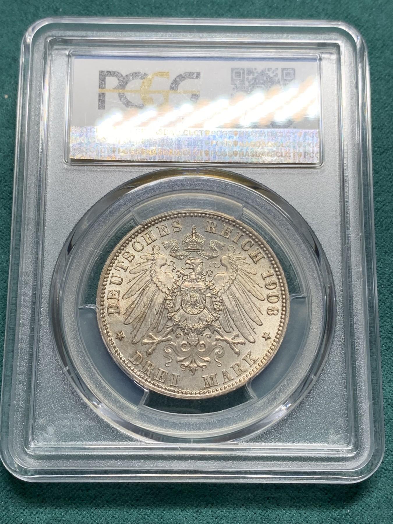 欢迎参加《竞宝斋》为爱冲冲冲 七夕特拍专场 ！第191场 (全场包邮) PCGS MS64 德国吕贝克市1908年3马克银币 币面呈现淡彩色 百看不厌 值得收藏