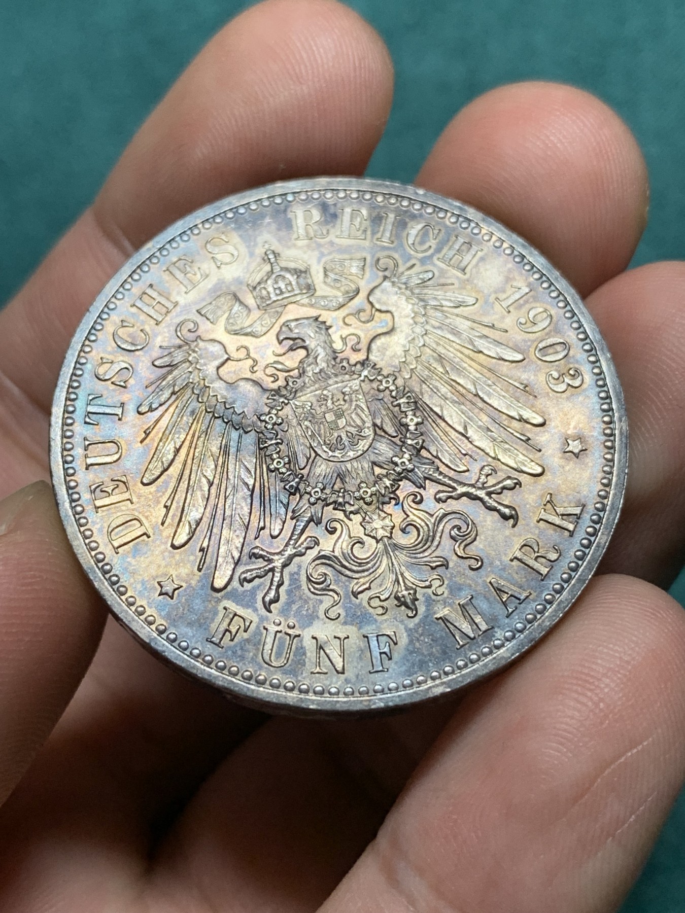 欢迎参加《竞宝斋》为爱冲冲冲 七夕特拍专场 ！第191场 (全场包邮) 1903A德国萨克森魏玛艾森纳赫结婚纪念5马克银币，BU品五彩欧洲包浆 目测MS品