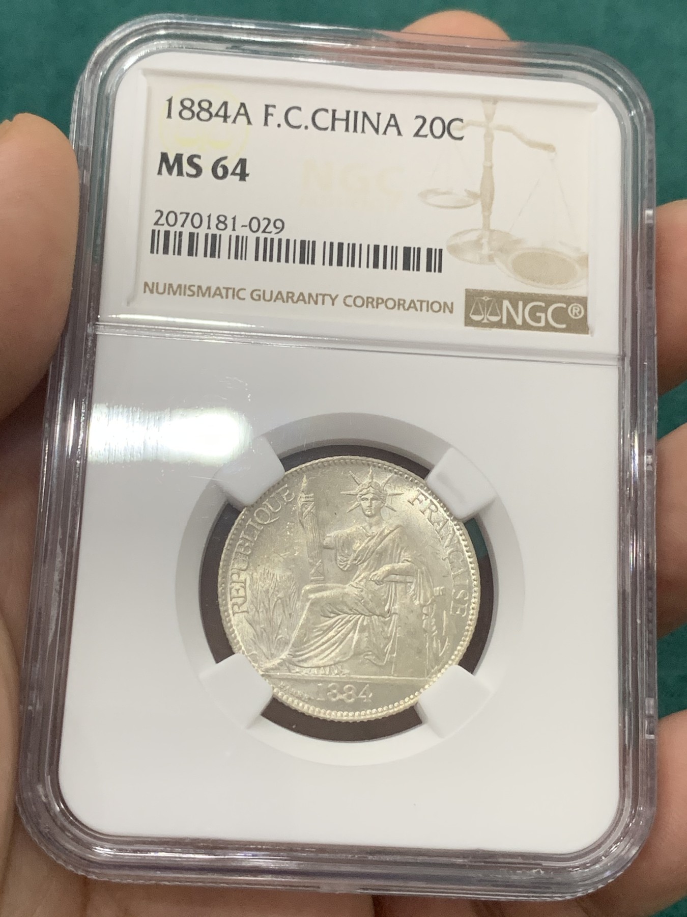 欢迎参加《竞宝斋》为爱冲冲冲 七夕特拍专场 ！第191场 (全场包邮) NGC MS64 法属交趾 1884年 20分 极少品种