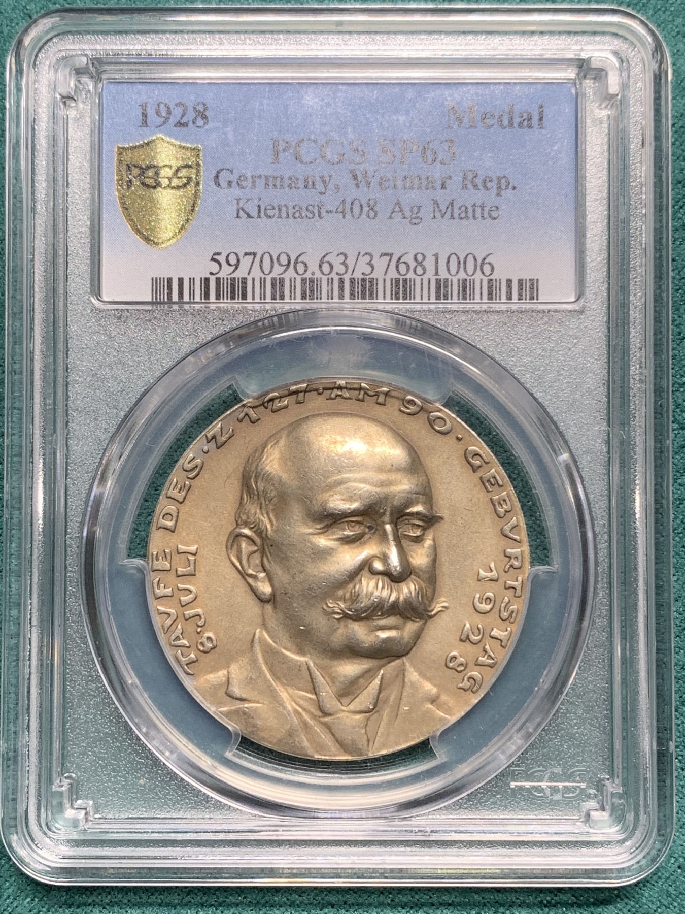 欢迎参加《竞宝斋》为爱冲冲冲 七夕特拍专场 ！第191场 (全场包邮) 1928年 PCGS-SP63 德国魏玛 飞艇之父齐柏林诞辰90周年纪念银章 卡尔哥茨作品 包浆细节美