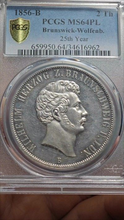 1856年 德国布伦瑞克2泰勒大银币 PCGS MS64PL