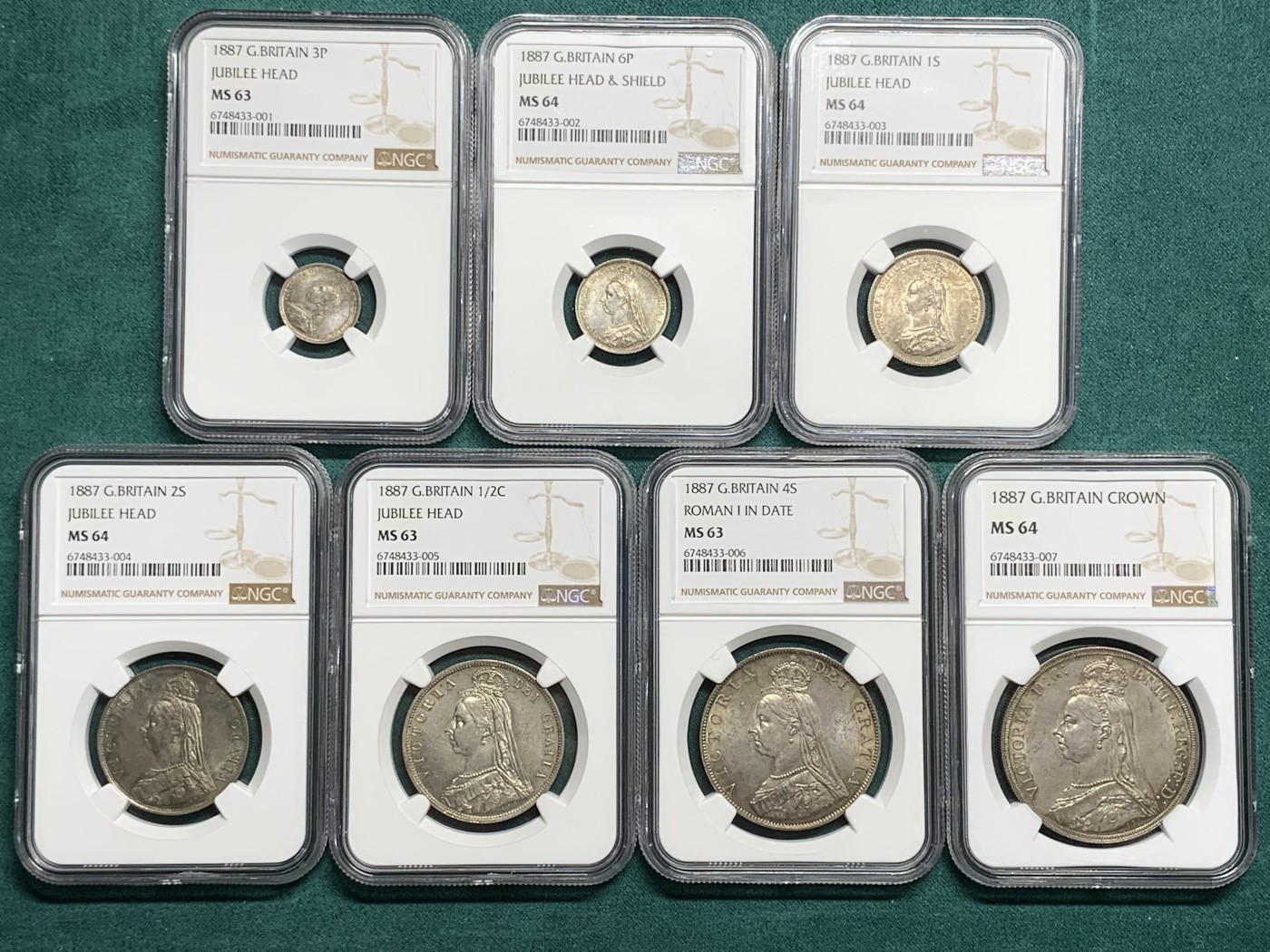 欢迎参加《竞宝斋》为爱冲冲冲 七夕特拍专场 ！第191场 (全场包邮) 7枚一套 NGC MS63-64 英国1887年 维多利亚 高冠版 银币套币 高分连号 一次搞定 比较难得