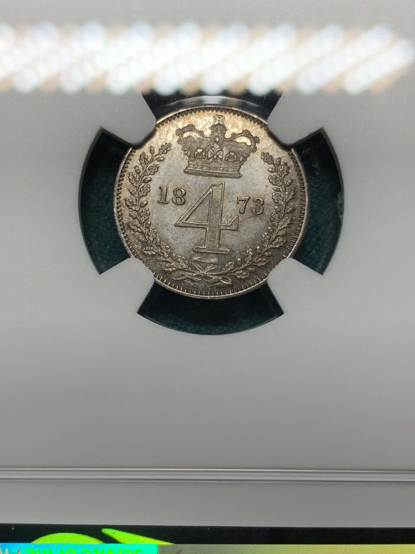 欢迎参加《竞宝斋》为爱冲冲冲 七夕特拍专场 ！第191场 (全场包邮) NGC-MS66 英国 1873年 1/2/3/4便士 青年维多利亚 濯足银币 原味包浆 其中2/3便士冠军分 1/4便士亚军分 难得的高分自藏品