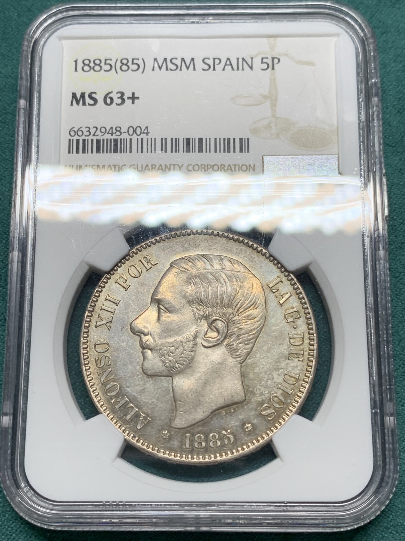 欢迎参加《竞宝斋》为爱冲冲冲 七夕特拍专场 ！第191场 (全场包邮) NGC-MS63+ 西班牙1885（85）阿方索十二世 5比塞塔大银  底光强烈 双面淡金彩包浆 季军分 更高分仅2枚 一步到位的藏品