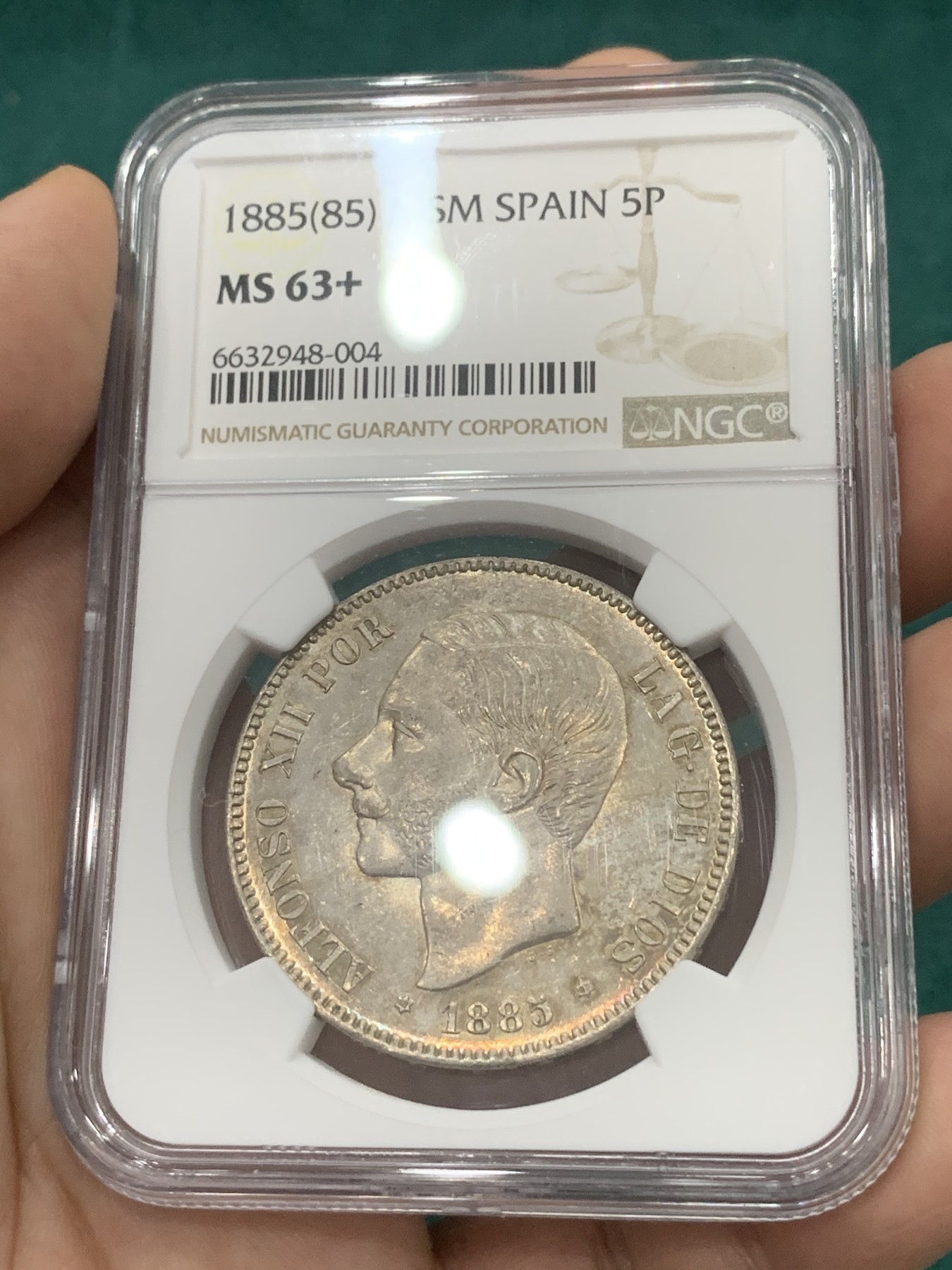 欢迎参加《竞宝斋》为爱冲冲冲 七夕特拍专场 ！第191场 (全场包邮) NGC-MS63+ 西班牙1885（85）阿方索十二世 5比塞塔大银  底光强烈 双面淡金彩包浆 季军分 更高分仅2枚 一步到位的藏品