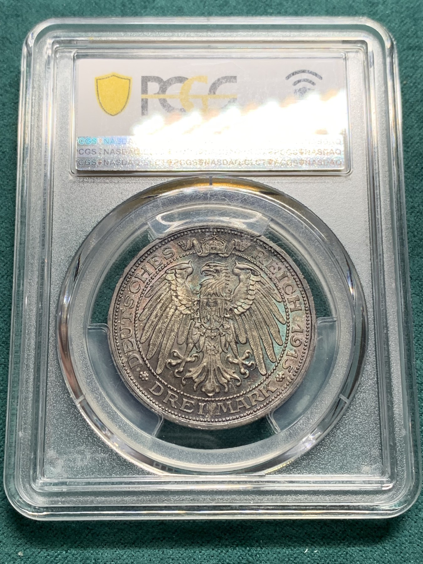 欢迎参加《竞宝斋》为爱冲冲冲 七夕特拍专场 ！第191场 (全场包邮) PCGS MS66 1915年德国普鲁士屠龙3马克银币 原味酱彩 这个包浆实在难得
