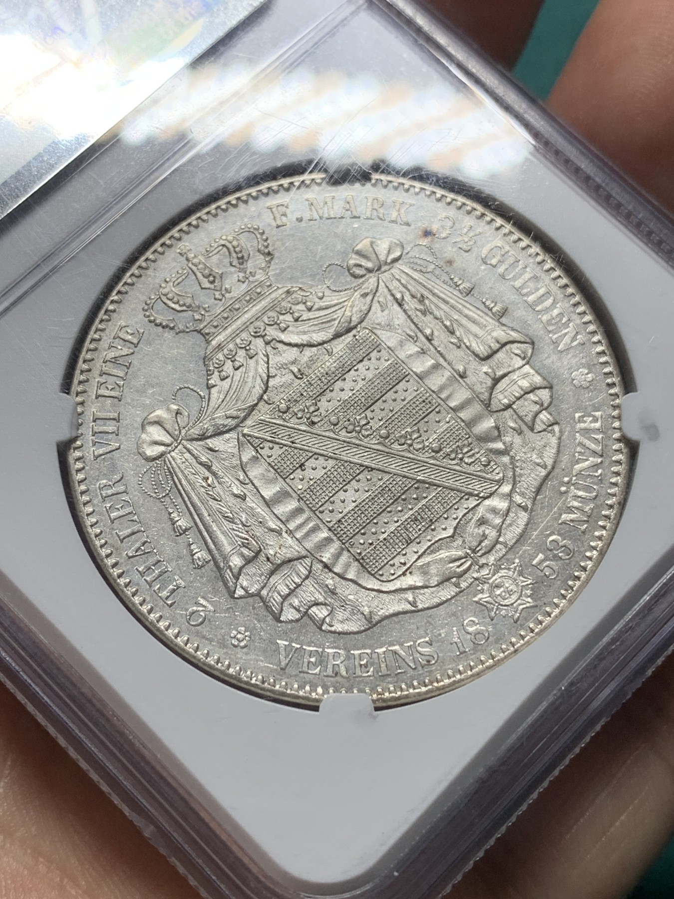 欢迎参加《竞宝斋》为爱冲冲冲 七夕特拍专场 ！第191场 (全场包邮) NGC-AU58 德国萨克森 1853F 2泰勒大银币 大窗帘  少见品种 37克 大规格