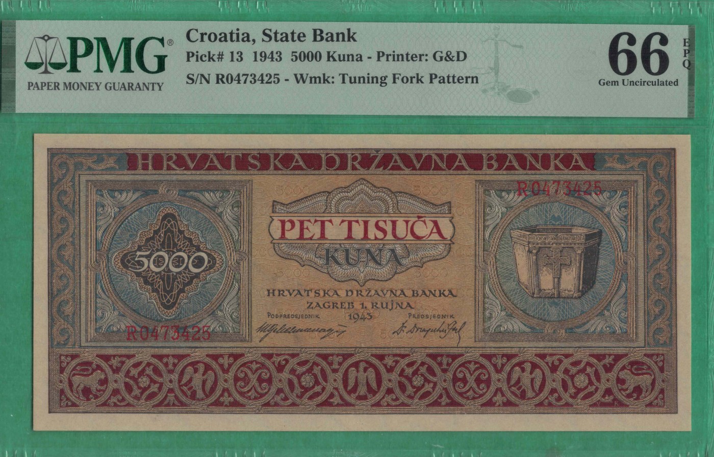 克罗地亚5000库纳 1943年 P-13 欧洲纸币 实物如图 UNC