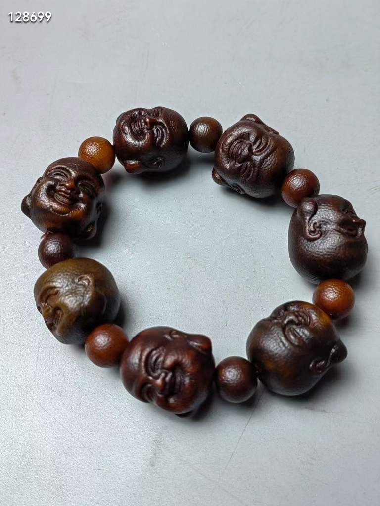 老x牛角手串雕刻弥勒佛 鱼子纹清晰 品相完好