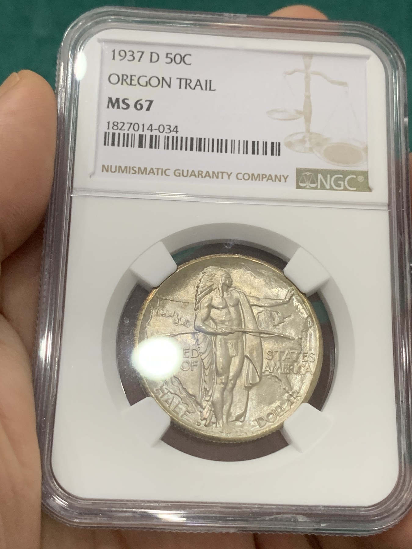 欢迎参加《竞宝斋》为爱冲冲冲 七夕特拍专场 ！第191场 (全场包邮) NGC-MS67 美国 1937年 50美分 俄勒冈小道 土著人+大篷车经典设计 老盒+高分 一步到位 很难超越了