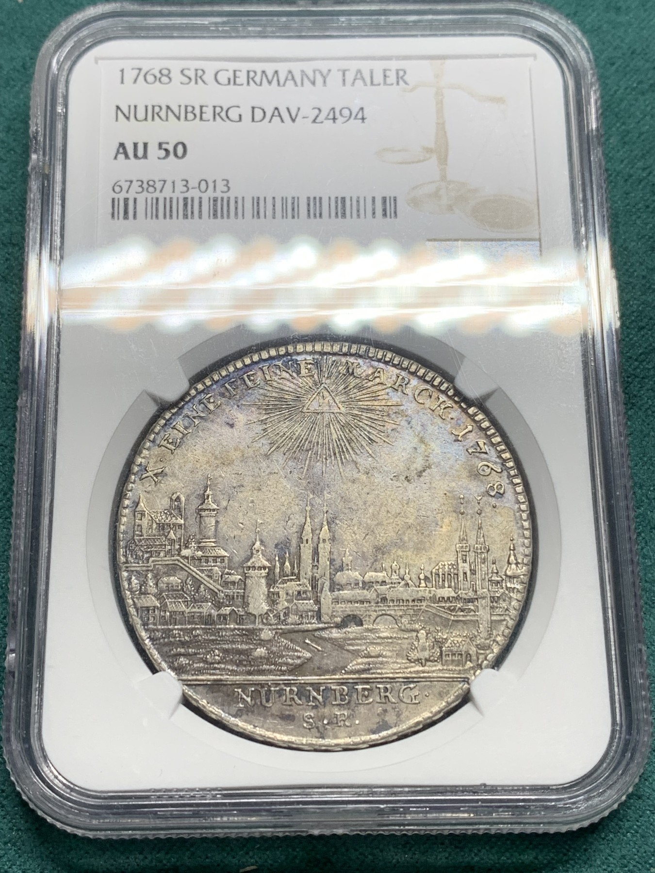 欢迎参加《竞宝斋》为爱冲冲冲 七夕特拍专场 ！第191场 (全场包邮) NGC-AU50德国 德意志地区 纽伦堡景观泰勒大银币 1768年的难得有分 包浆醇厚自然微微带彩