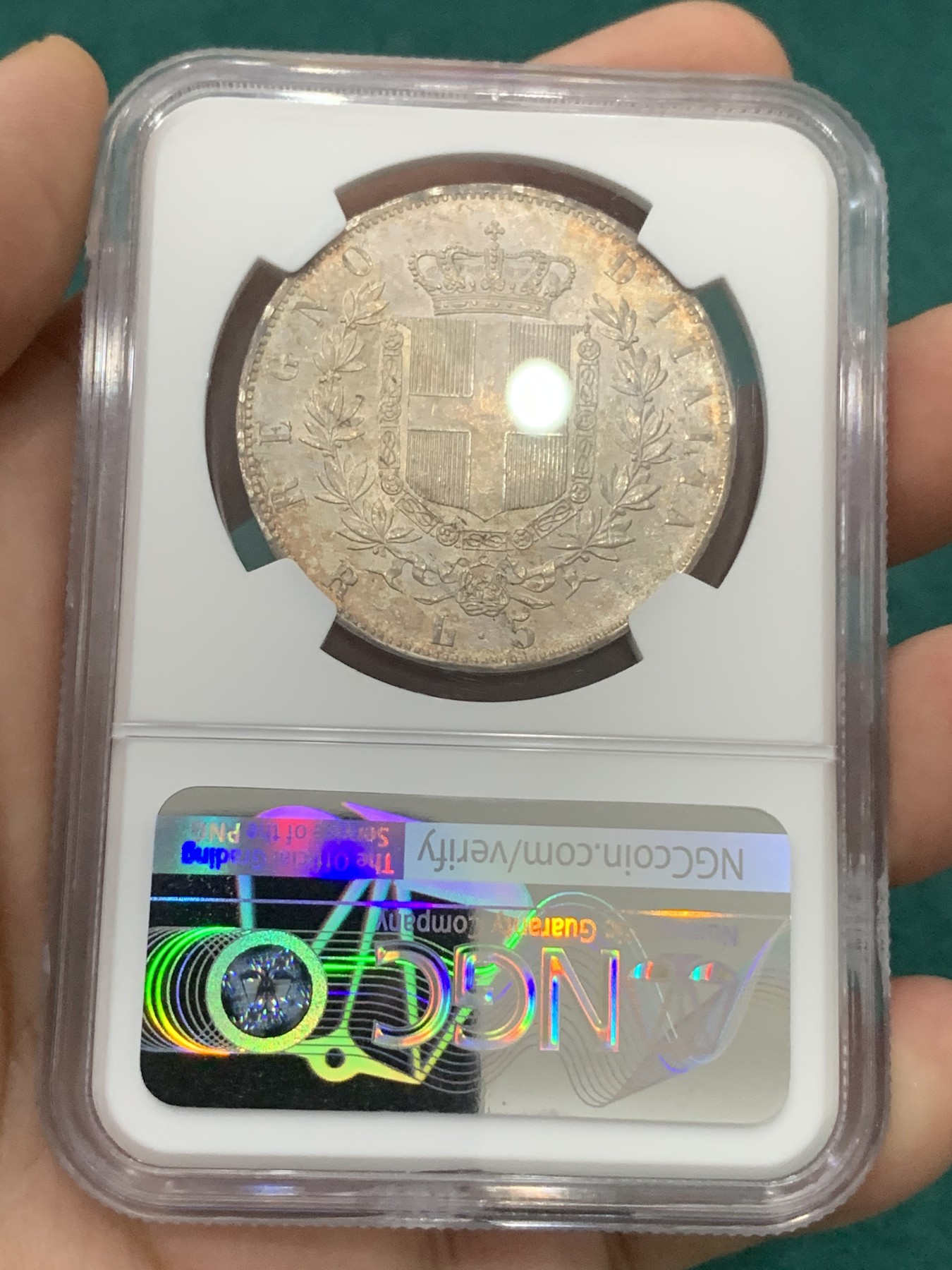 欢迎参加《竞宝斋》为爱冲冲冲 七夕特拍专场 ！第191场 (全场包邮) NGC-MS63 意大利1877-R 埃曼纽尔二世 5里拉银币 五彩包浆 细节一流 状态超棒的一枚