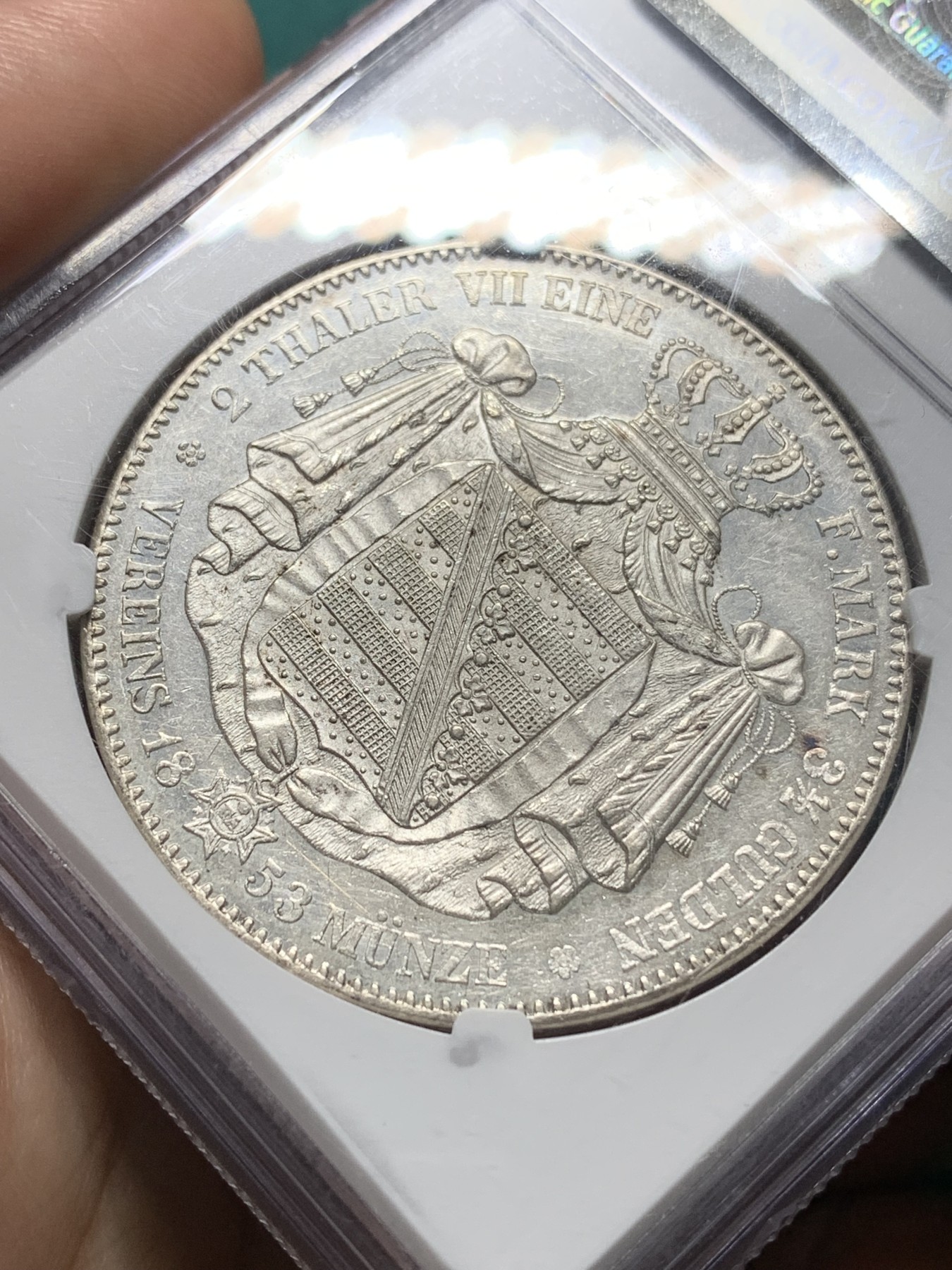 欢迎参加《竞宝斋》为爱冲冲冲 七夕特拍专场 ！第191场 (全场包邮) NGC-AU58 德国萨克森 1853F 2泰勒大银币 大窗帘  少见品种 37克 大规格