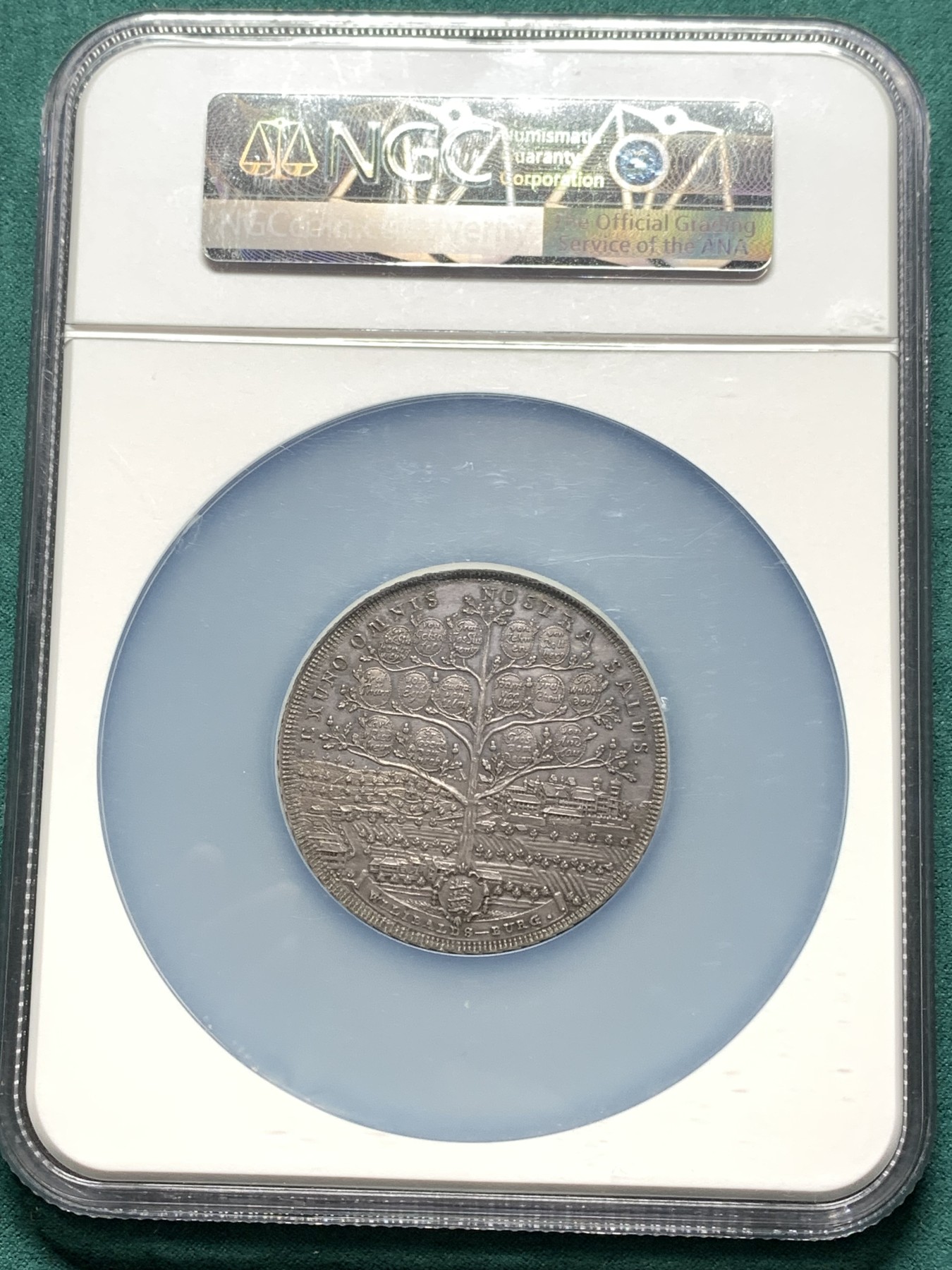 欢迎参加《竞宝斋》为爱冲冲冲 七夕特拍专场 ！第191场 (全场包邮) NGC-MS64 1790年德国艾希施塔特教宗缺位2泰勒大银币 宗教色彩浓郁的一枚钱币，全知之眼与世界之树，大规格2T，均匀的铁灰色包浆，状态极佳