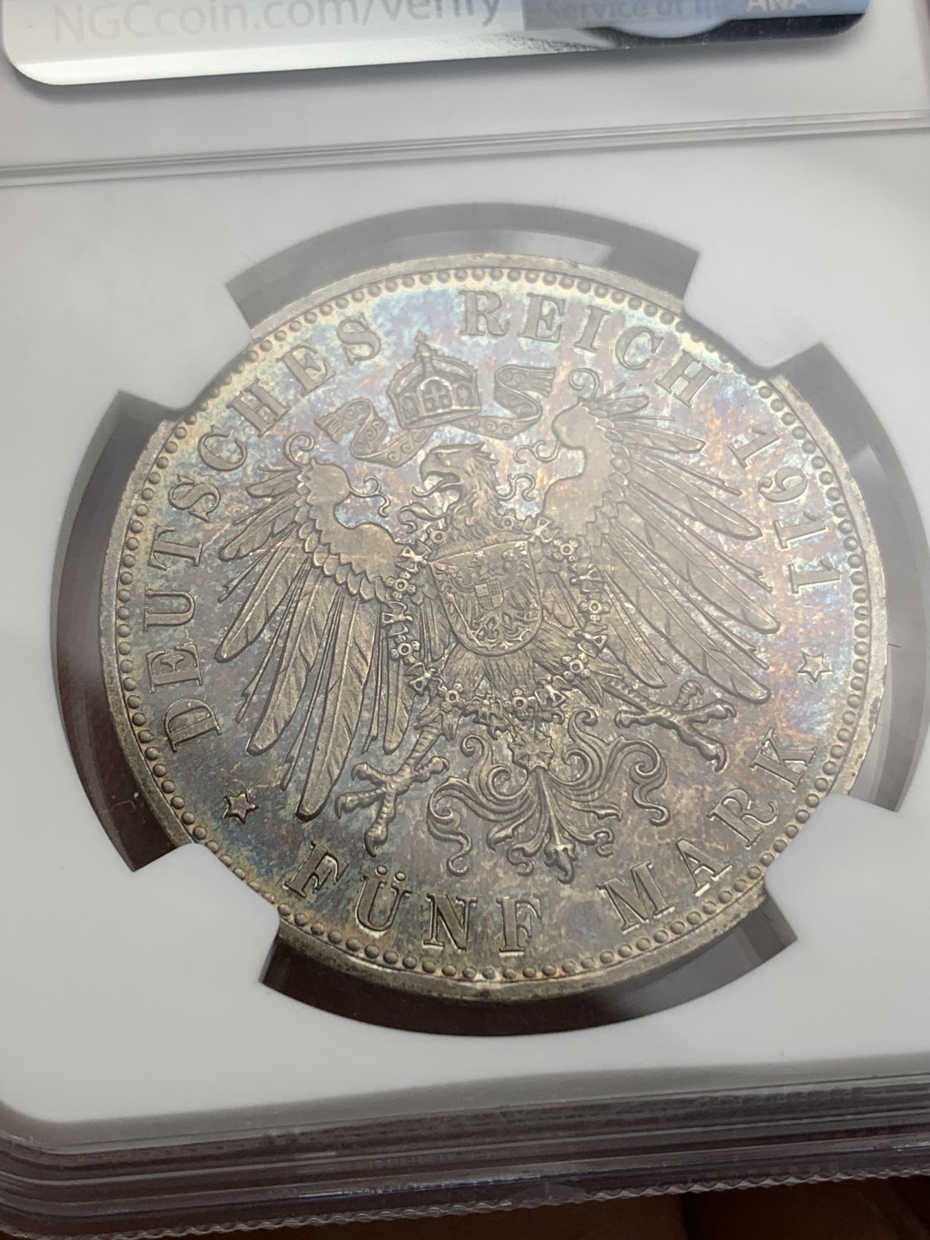 欢迎参加《竞宝斋》为爱冲冲冲 七夕特拍专场 ！第191场 (全场包邮) NGC-PF65 德国 1911年 5马克 巴伐利亚 柳特波德90大寿纪念 精制大银币 包浆自然 背面鹰雕深邃 为N/P精制币双冠军分