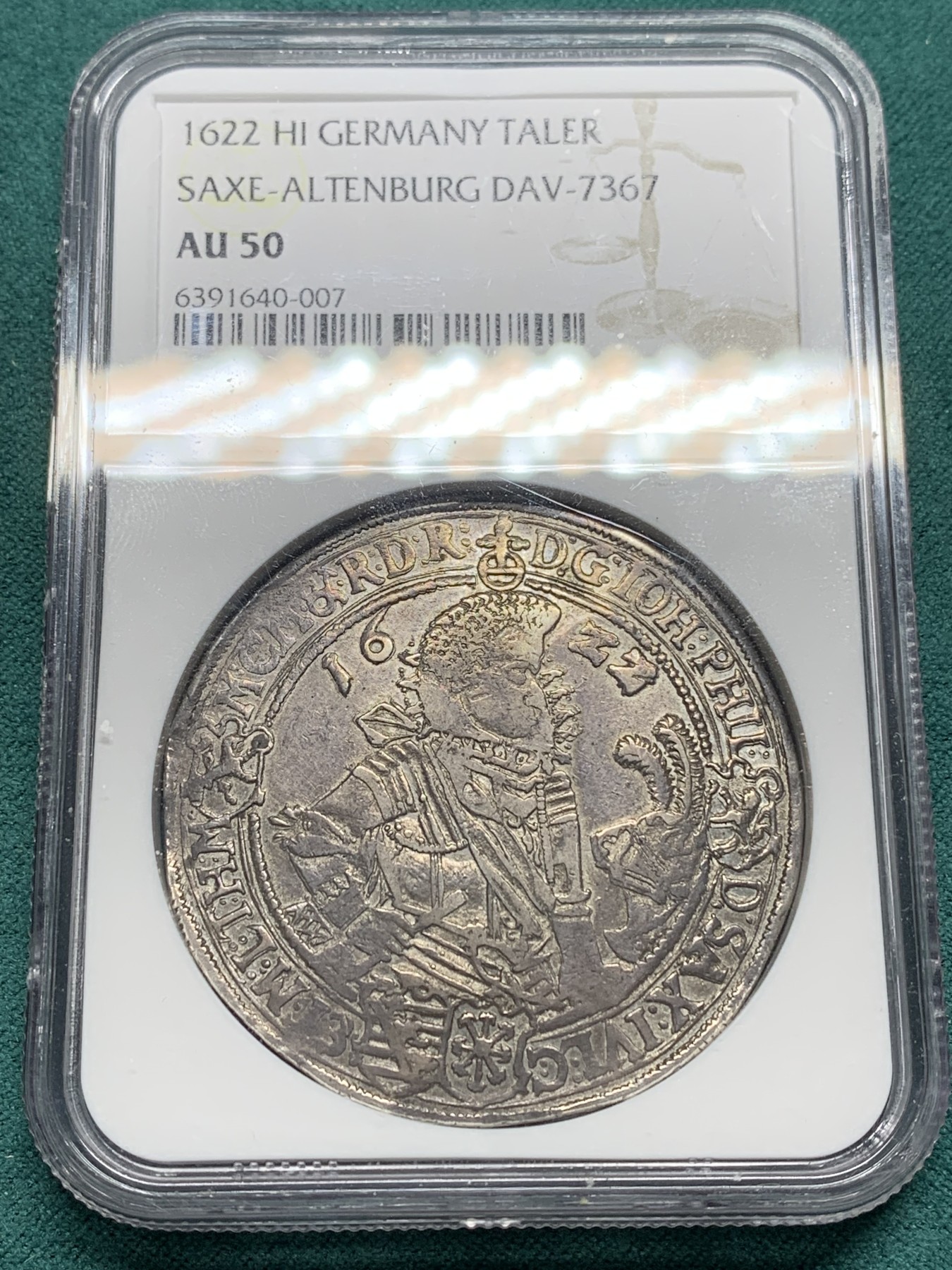 欢迎参加《竞宝斋》为爱冲冲冲 七夕特拍专场 ！第191场 (全场包邮) NGC AU50 德国1622萨克森-阿尔滕堡公国泰勒大银币 原味包浆猫王发型超前