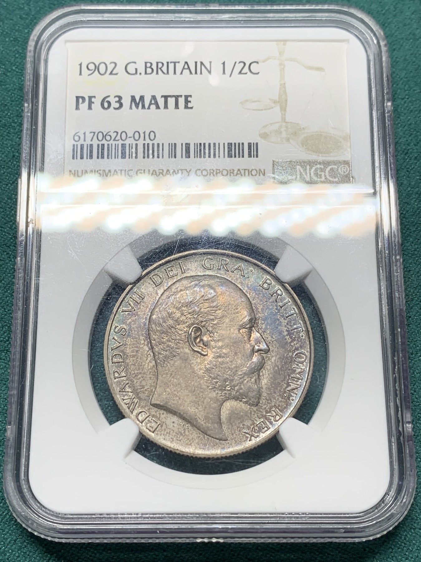 欢迎参加《竞宝斋》为爱冲冲冲 七夕特拍专场 ！第191场 (全场包邮) NGC-PF63MATTE  英国1902年爱七半克朗 银币 双面深彩包浆 可藏