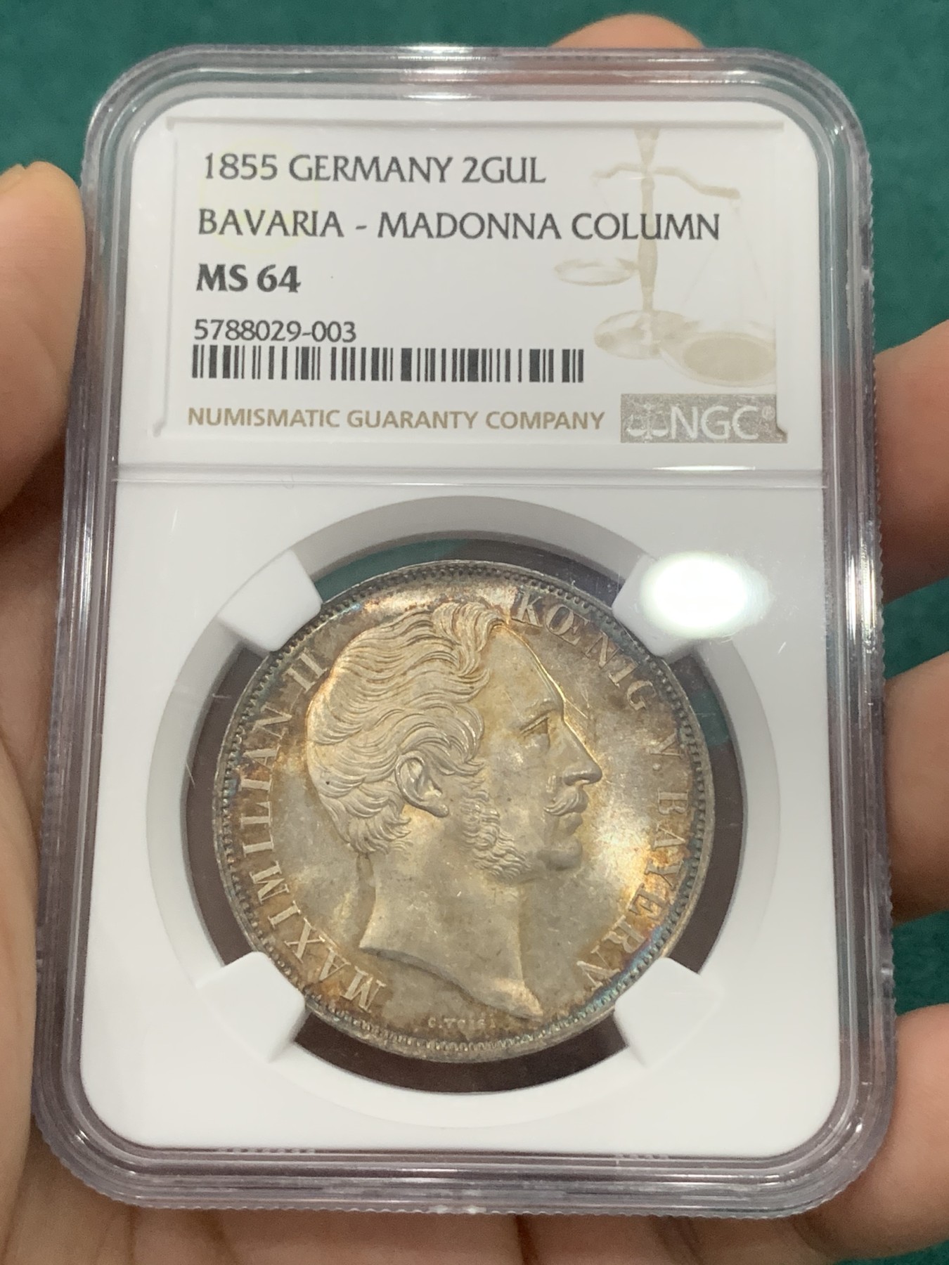 欢迎参加《竞宝斋》为爱冲冲冲 七夕特拍专场 ！第191场 (全场包邮) NGC-MS64 德国 巴伐利亚1855年圣母抱婴2盾银币，绝美环彩炫光包浆，状态无敌