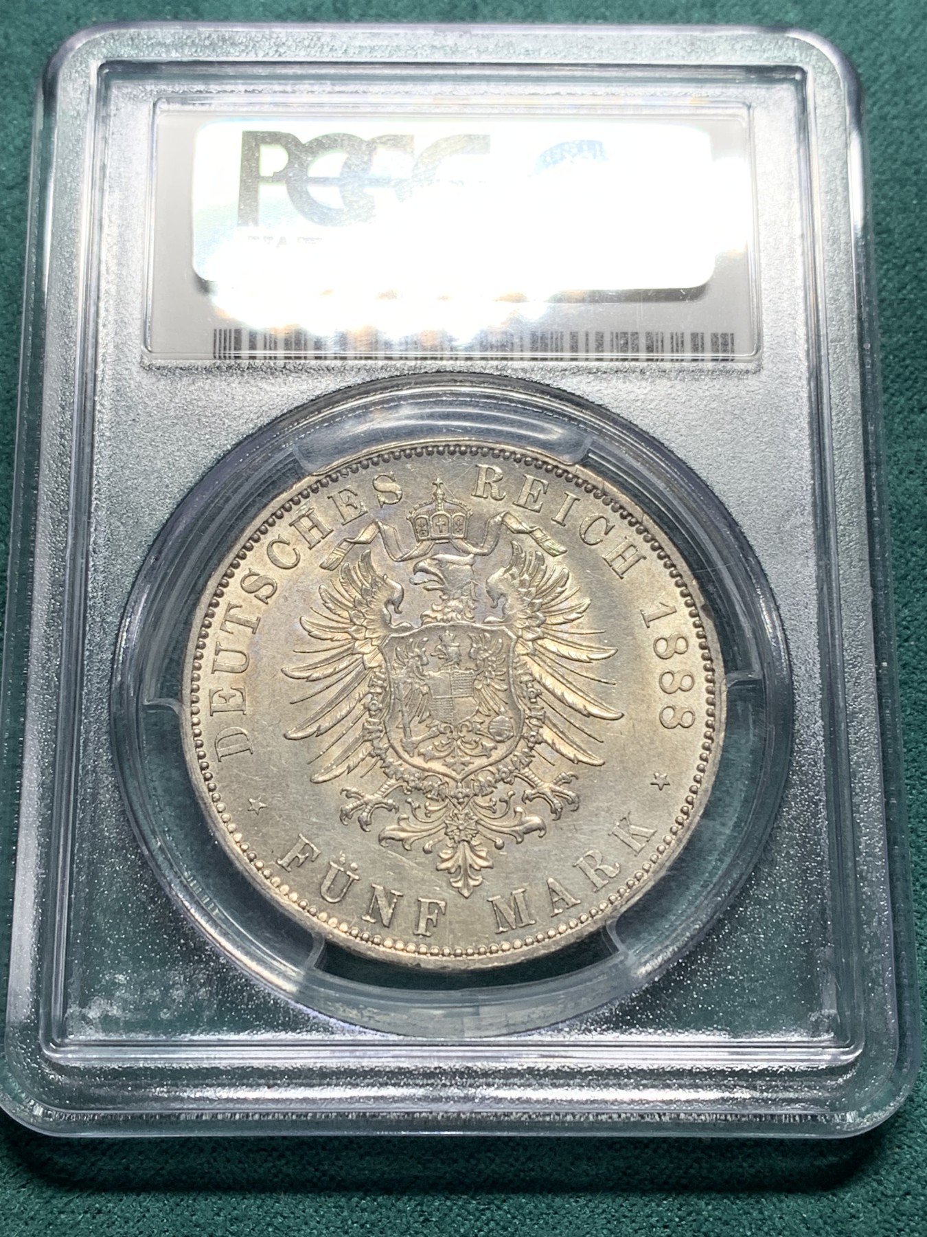 欢迎参加《竞宝斋》为爱冲冲冲 七夕特拍专场 ！第191场 (全场包邮) PCGS MS62 德国普鲁士1888年三皇5马克银币 原光车轮光 光度一流