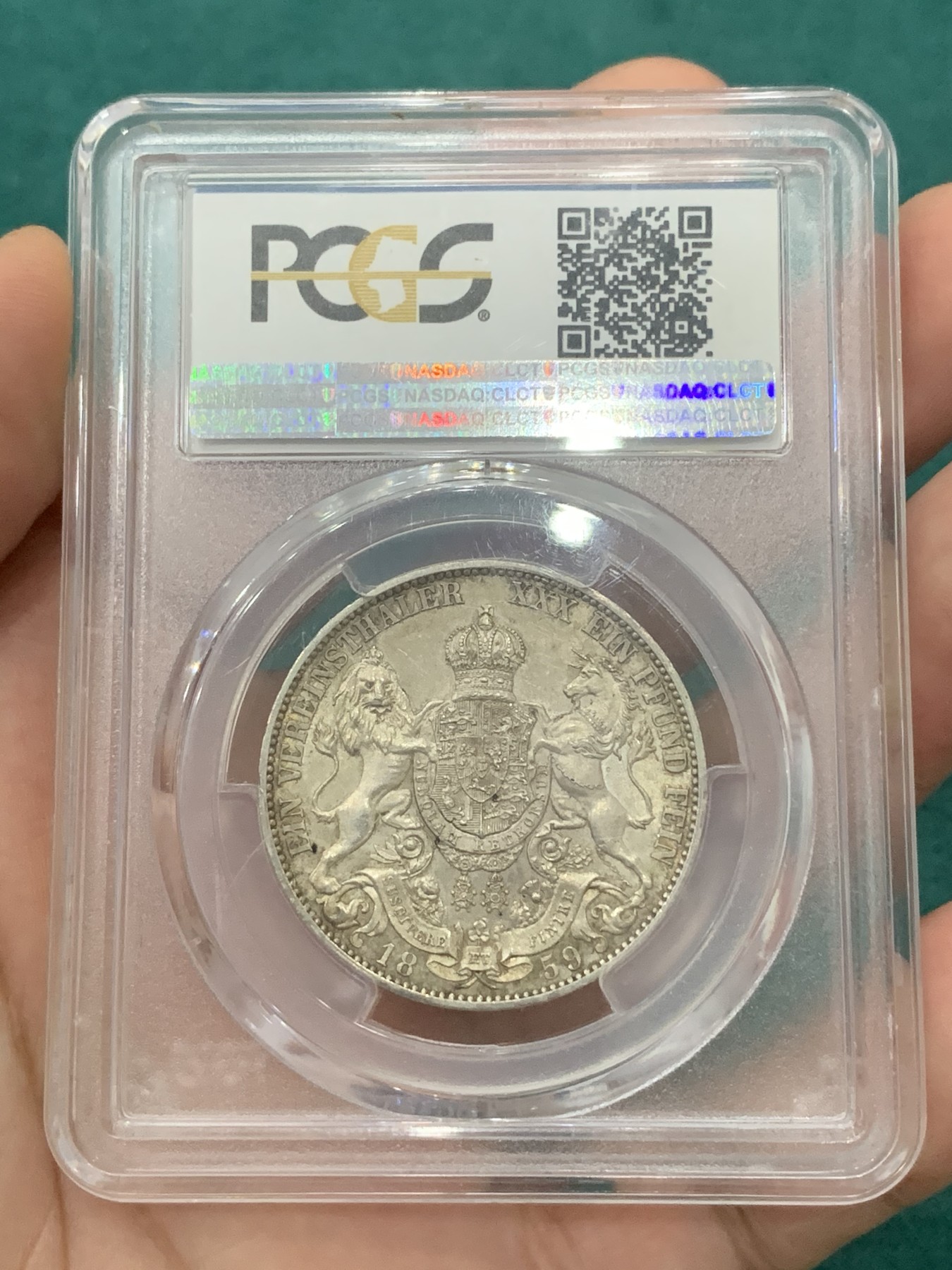 欢迎参加《竞宝斋》为爱冲冲冲 七夕特拍专场 ！第191场 (全场包邮) 亚军分 PCGS金盾 MS62 德国汉诺威1859年狮马1泰勒银币 上面仅一枚63的 美丽品种