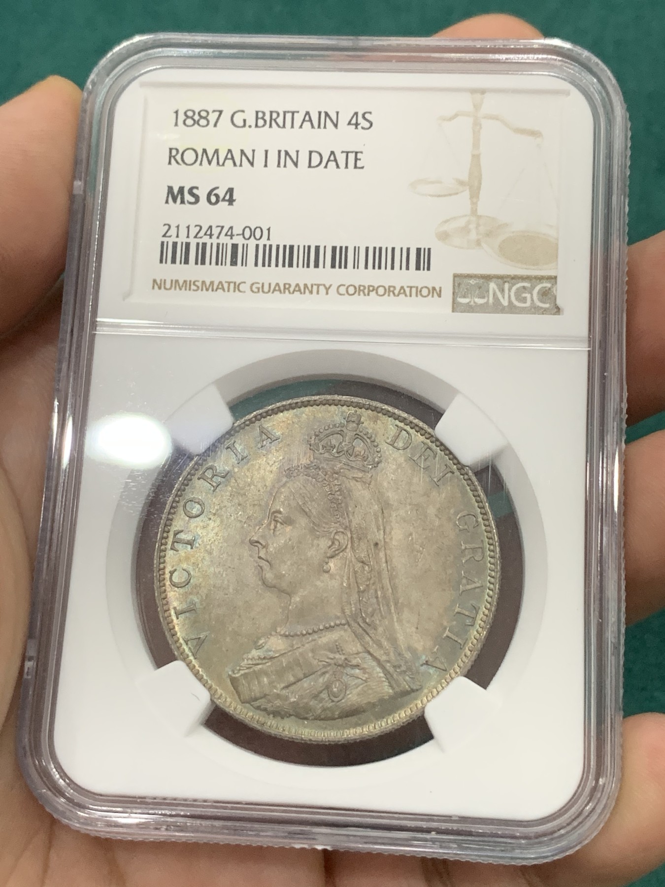 欢迎参加《竞宝斋》为爱冲冲冲 七夕特拍专场 ！第191场 (全场包邮) NGC MS64 1887年维多利亚高冠双弗洛林4先令银币 罗马体 极品原光五彩