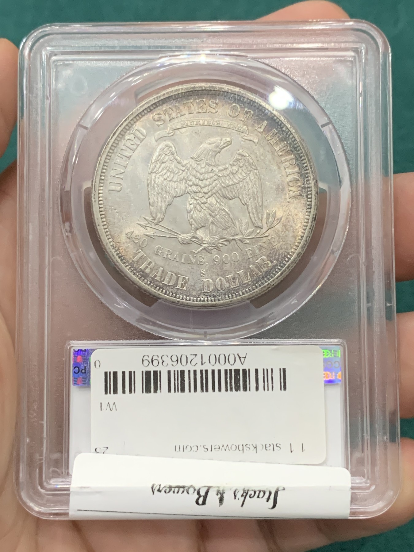 欢迎参加《竞宝斋》为爱冲冲冲 七夕特拍专场 ！第191场 (全场包邮) PCGS-MS61美国1875-S拿花贸易银币 底板丝滑转光带淡彩，这个年份这个品相很难得 稀少热门品种，不容错过