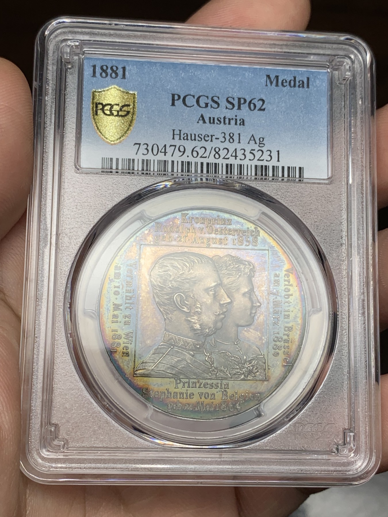 欢迎参加《竞宝斋》为爱冲冲冲 七夕特拍专场 ！第191场 (全场包邮) PCGS-SP62 奥地利 1881年 鲁道夫结婚纪念银章 非常漂亮的双面五彩包浆 背面还带日历表 创意无限