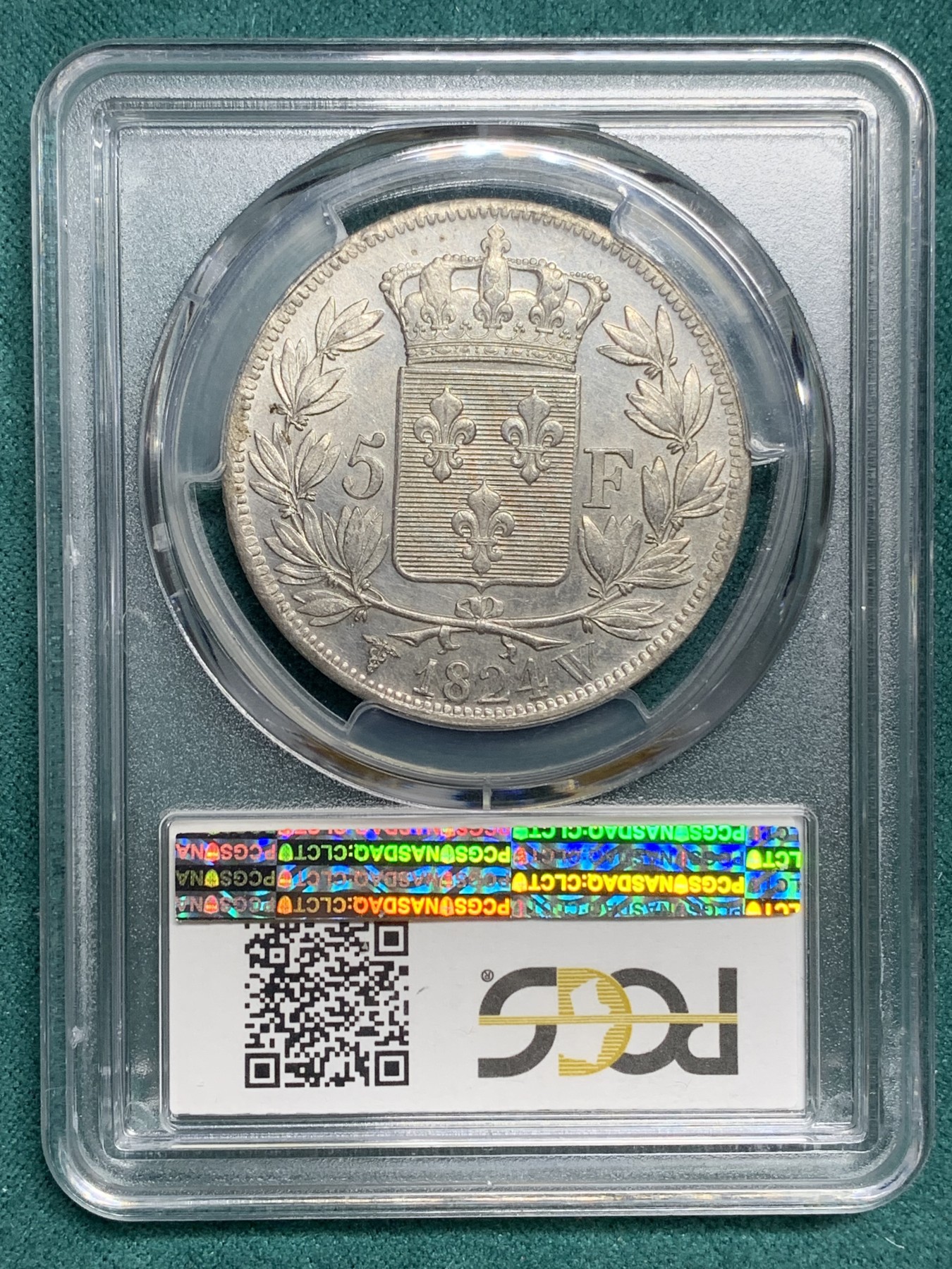 欢迎参加《竞宝斋》为爱冲冲冲 七夕特拍专场 ！第191场 (全场包邮) PCGS AU58  法国1824年路易十八5法郎银币，马头。状态一流，底板镜面有霜，好品稀少