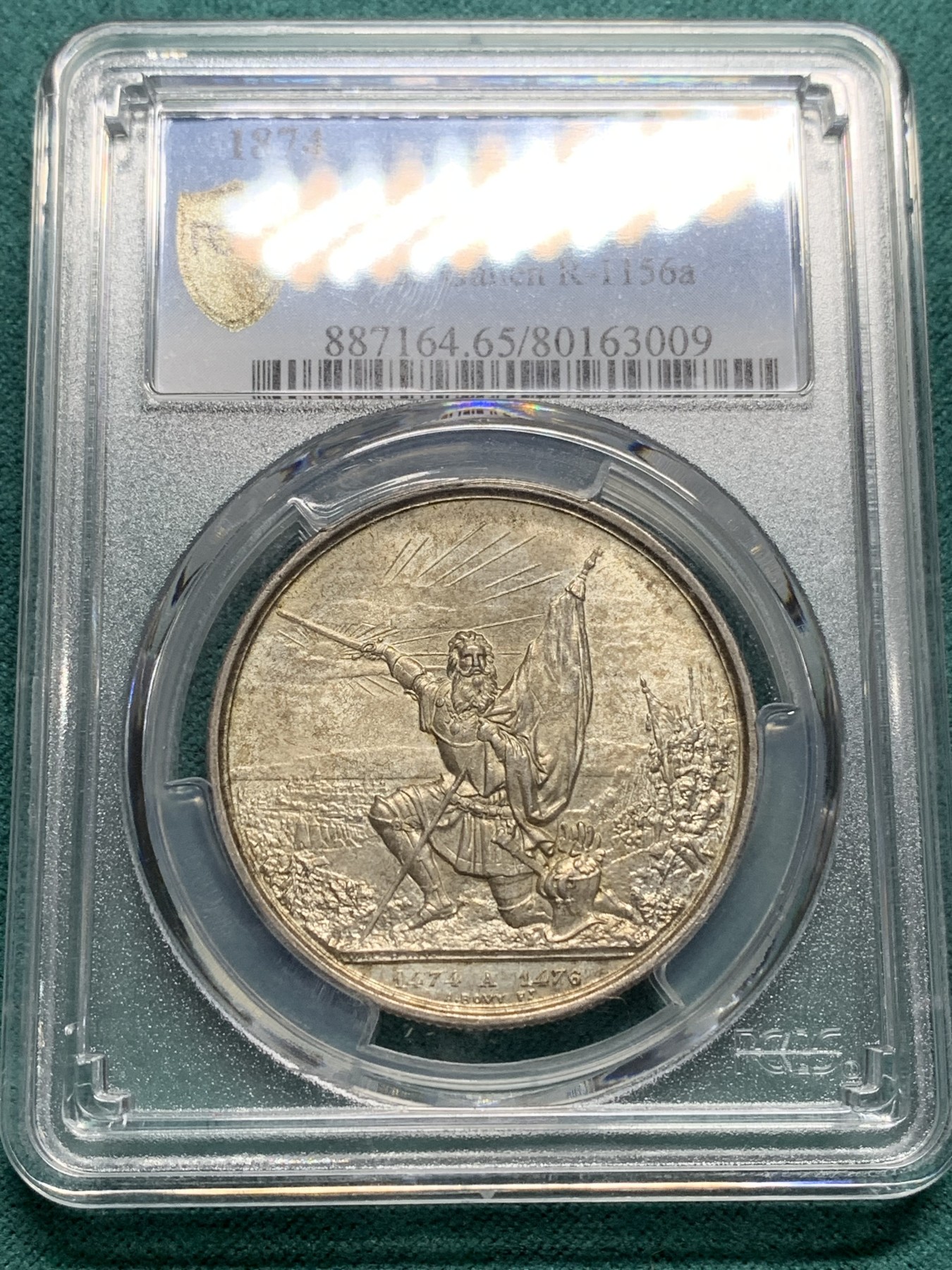 欢迎参加《竞宝斋》为爱冲冲冲 七夕特拍专场 ！第191场 (全场包邮) PCGS MS65 1874年瑞士圣加仑射击节5法郎银币，欧洲纸袋包浆，高分品质凤毛麟角，早期严评，人物高点表情俱在