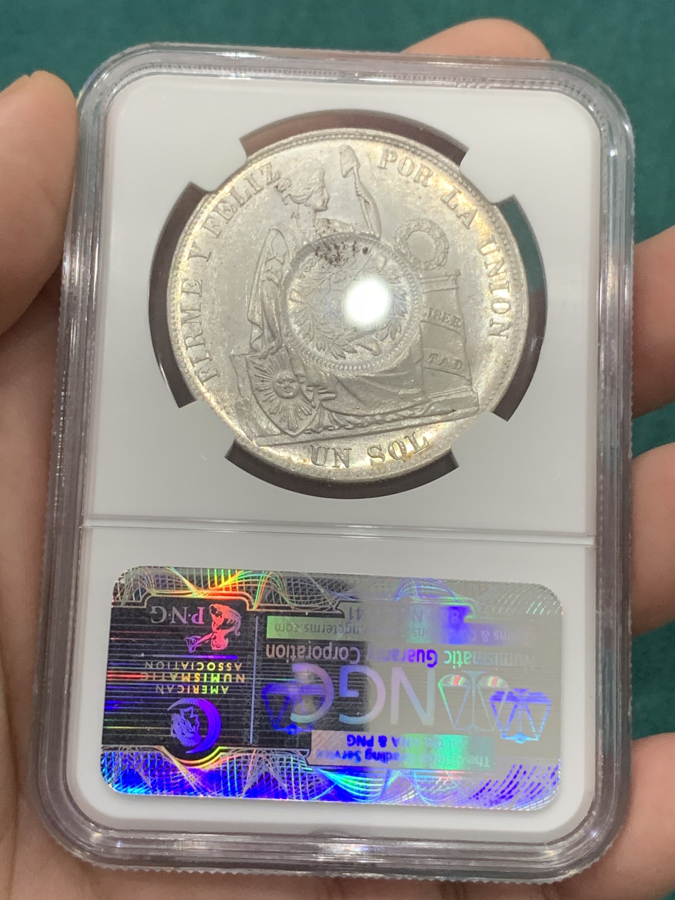 欢迎参加《竞宝斋》为爱冲冲冲 七夕特拍专场 ！第191场 (全场包邮) NGC-MS62 危地马拉 1894年 加盖 秘鲁比索 热门加盖品种 多为清洗 MS有分较少 光度也非常好