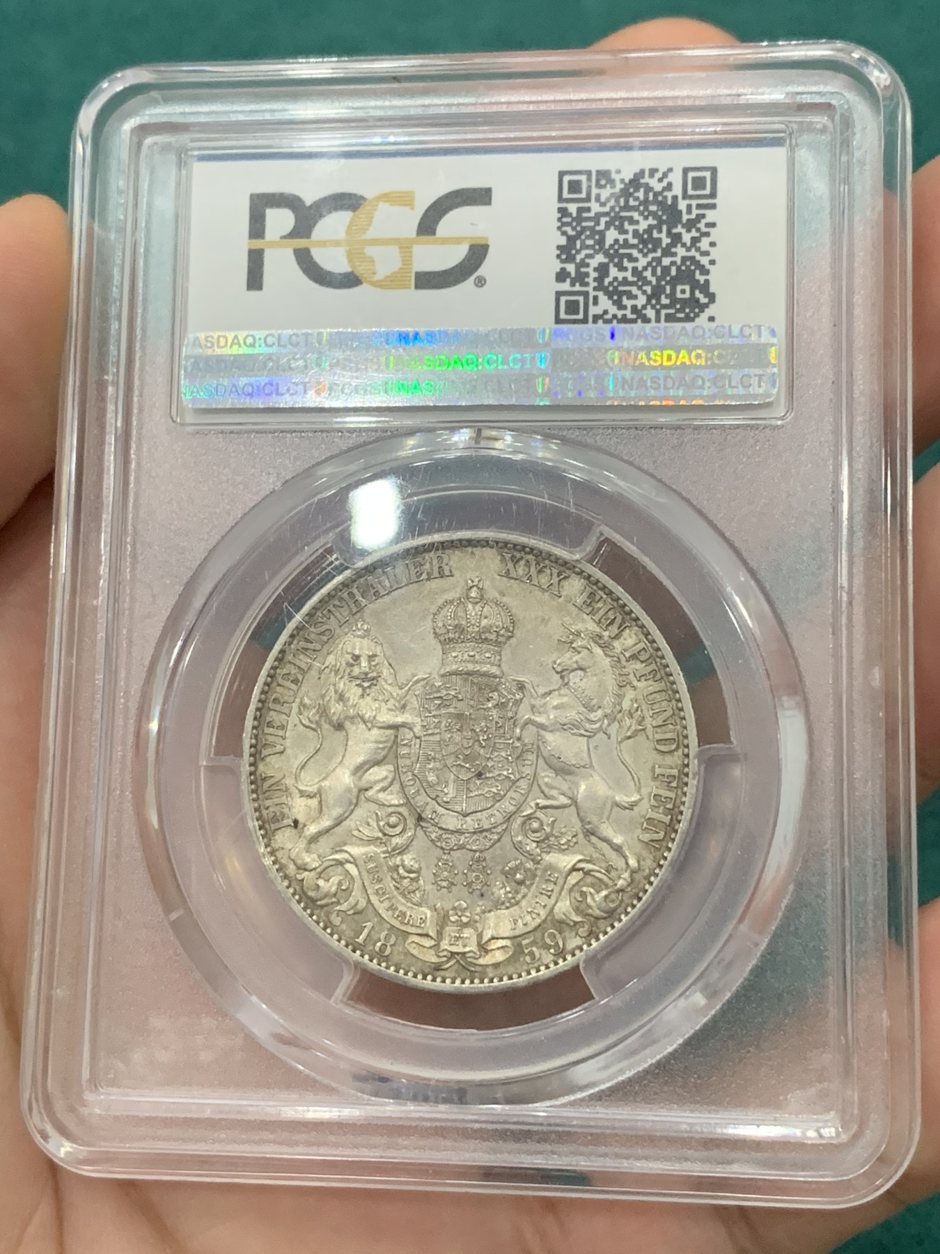 欢迎参加《竞宝斋》为爱冲冲冲 七夕特拍专场 ！第191场 (全场包邮) 亚军分 PCGS金盾 MS62 德国汉诺威1859年狮马1泰勒银币 上面仅一枚63的 美丽品种
