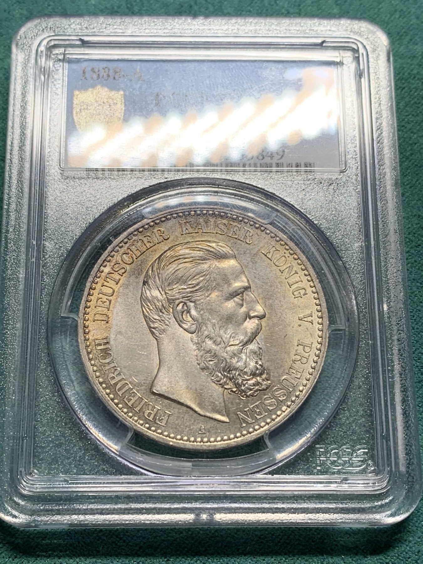 欢迎参加《竞宝斋》为爱冲冲冲 七夕特拍专场 ！第191场 (全场包邮) PCGS MS62 德国普鲁士1888年三皇5马克银币 原光车轮光 光度一流