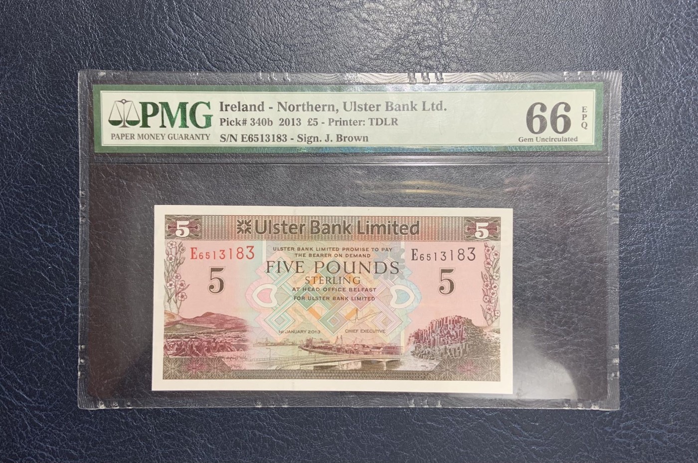 收藏联盟Quantum Auction 第282期拍卖 “多水之乡”-法属圭亚那 北爱尔兰阿斯特银行2013年5镑 PMG66 号码无4