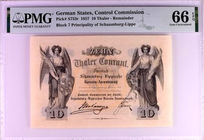 【Blue Auction】✨世界纸币精拍第361期【精】 - 【冠军分 仅2张】德国 绍姆堡-利珀 1857年10泰勒 PMG66EPQ 大天使雕刻精美 少见好品 该国是德意志第二帝国中第二小的帝国诸侯