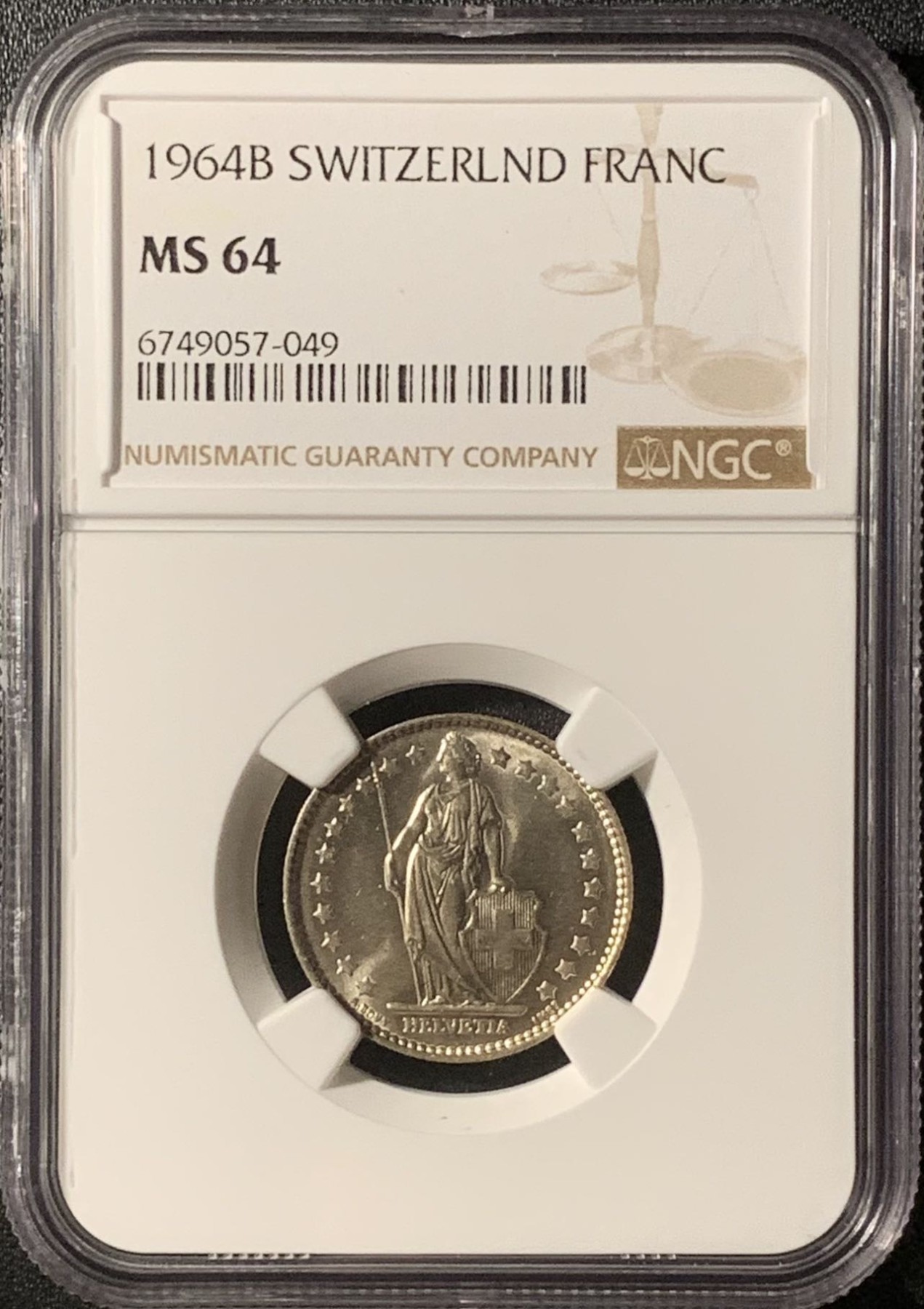 紫瑗钱币——第300期拍卖 瑞士 1964年 赫尔维蒂亚 1法郎 银币 NGC MS64
