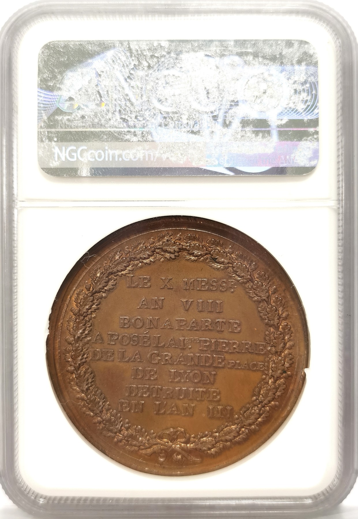 博洋堂“纯白金之夜”精品专场暨第039期（全场包邮） 冠军分！顶级分数！NGC MS66 共和八年（1800年）拿破仑任“执政”时期，记念马伦哥会战铜章，“为庆祝这一伟大的胜利 重新开放这一千年历史的广场，命名为波拿巴广场”。此章直径43mm，重47克，原铸、味道极佳。加厚盒装祯，配NGC高清大图。由雕刻师chavanne.F铸模，拿破仑早期肖像之一。    