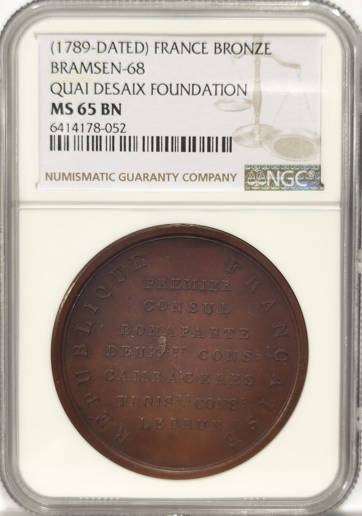博洋堂“纯白金之夜”精品专场暨第039期（全场包邮） 冠军分！NGC MS65 共和八年（1800年）拿破仑任“执政”时期，记念马伦哥会战铜章之“为纪念战役中牺牲的德赛将军而设立德赛基金会”。直经42mm，重量39.19克。正面落名“第一执政，波拿巴”，双面文字章少见。注：盒子年代标注有误，非1879年