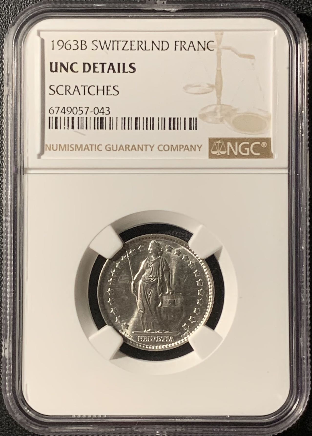 紫瑗钱币——第300期拍卖 瑞士 1963年 赫尔维蒂亚 1法郎 银币 NGC UNC Detail