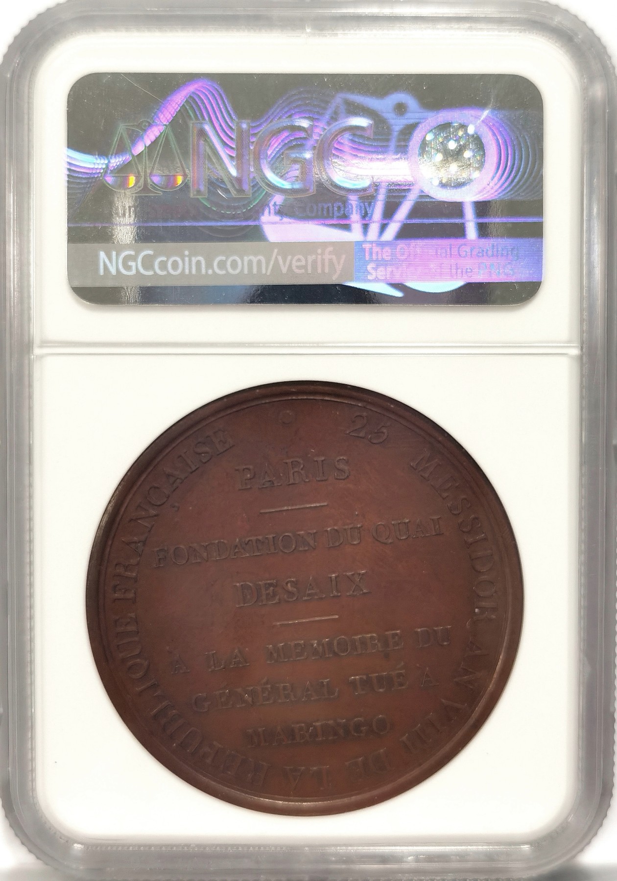 博洋堂“纯白金之夜”精品专场暨第039期（全场包邮） 冠军分！NGC MS65 共和八年（1800年）拿破仑任“执政”时期，记念马伦哥会战铜章之“为纪念战役中牺牲的德赛将军而设立德赛基金会”。直经42mm，重量39.19克。正面落名“第一执政，波拿巴”，双面文字章少见。注：盒子年代标注有误，非1879年