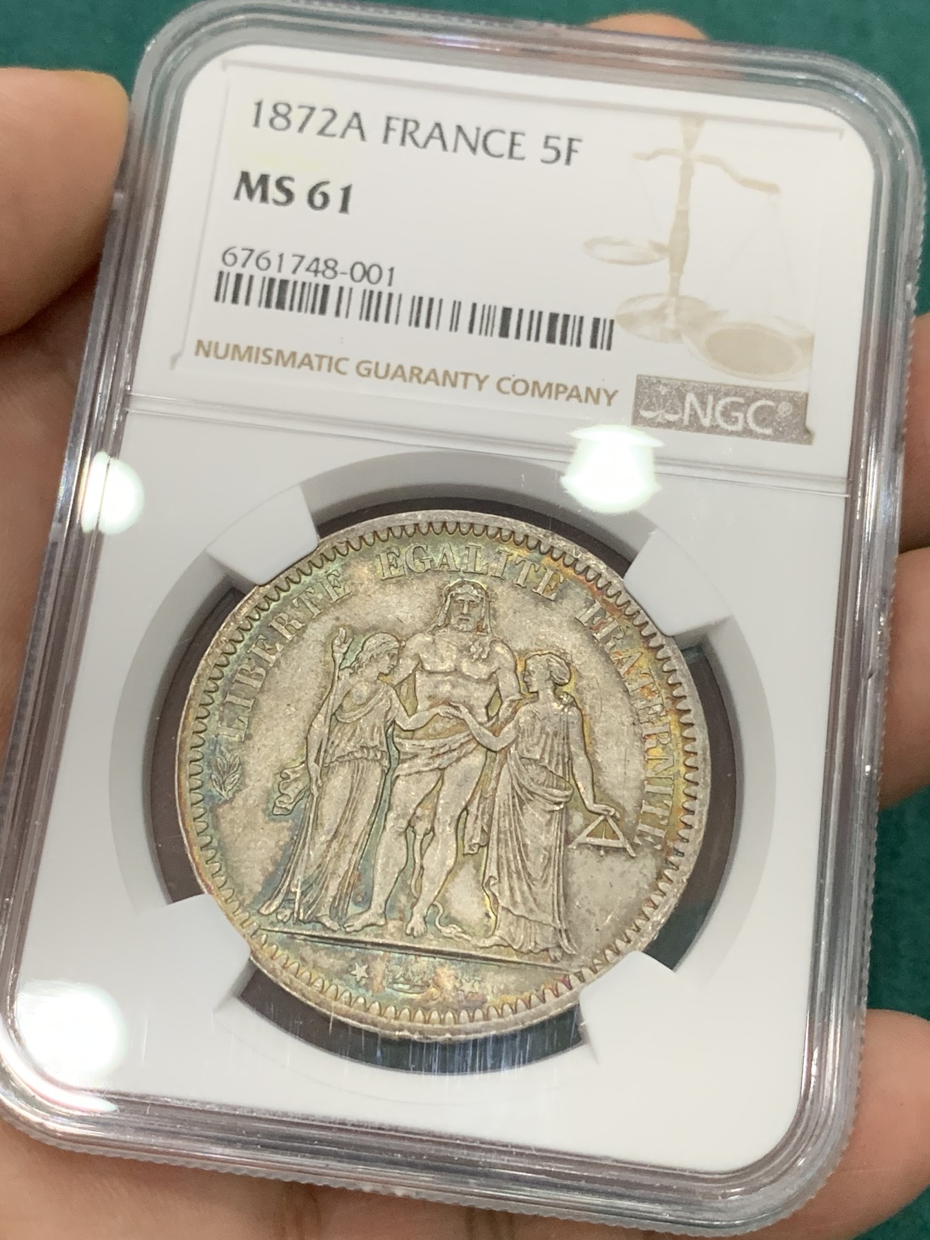 欢迎参加《竞宝斋》为爱冲冲冲 七夕特拍专场 ！第191场 (全场包邮) NGC-MS61 法国 1872年A厂大力神，罕见年份，发行量极少。五彩包浆沁人心脾的美，难得一见的好状态。