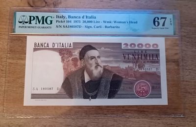 【Blue Auction】✨世界纸币精拍第361期【精】 -  【名家旧藏 仅1张更高分 亚军分】意大利 1975年20000里拉 经典提香 PMG67EPQ 精美名画