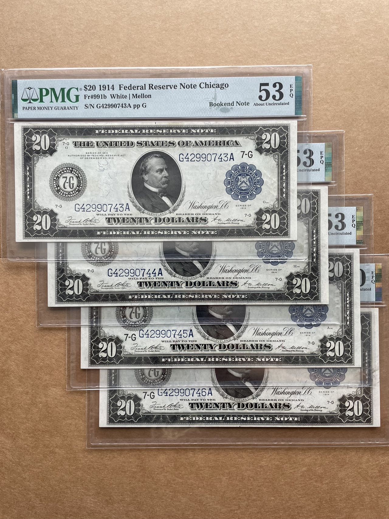 美国1914年20美元 转换钞4连号 PMG53EPQ