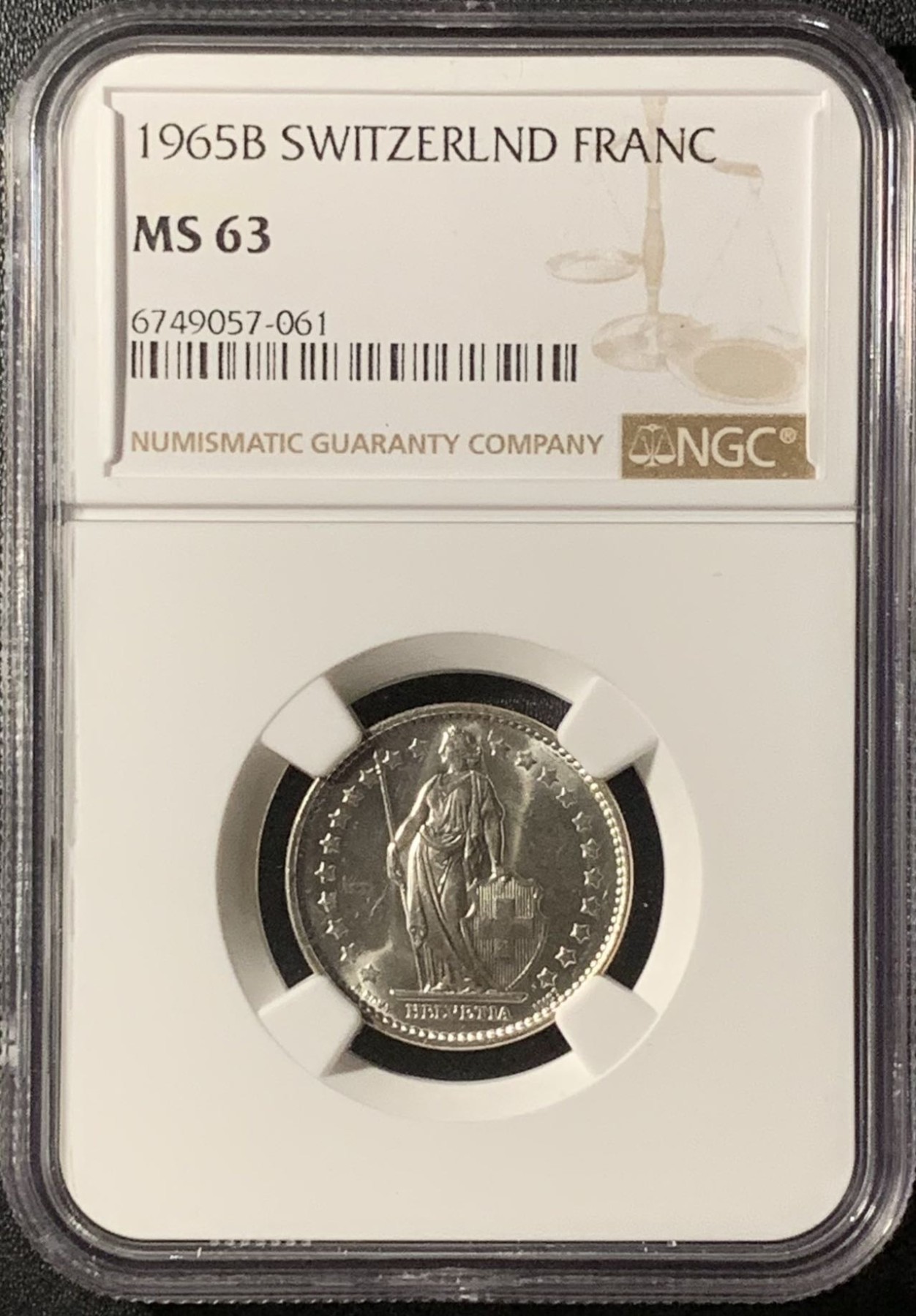 紫瑗钱币——第300期拍卖 瑞士 1965年 赫尔维蒂亚 1法郎 银币 NGC MS63