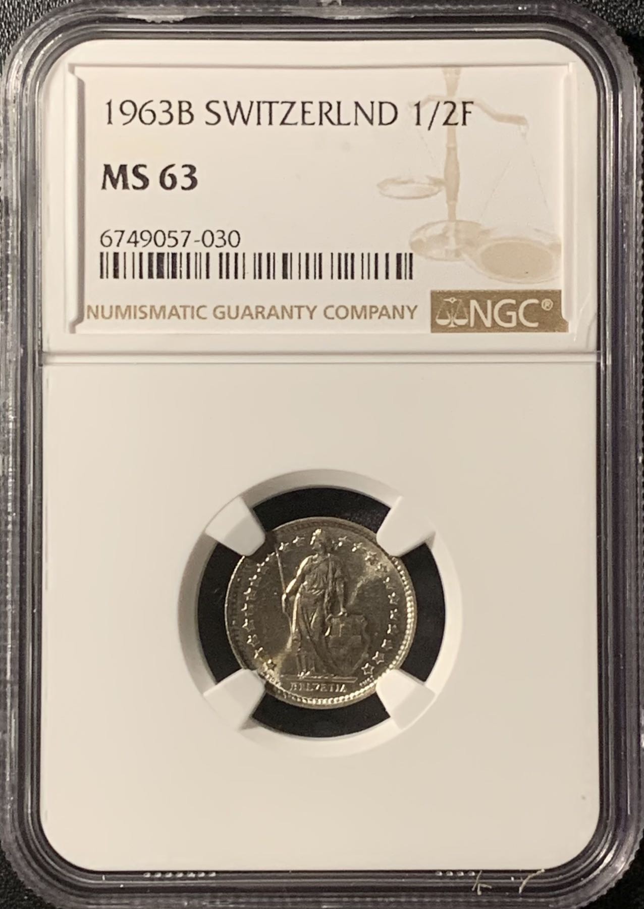 紫瑗钱币——第300期拍卖 瑞士 1963年 赫尔维蒂亚 1/2法郎 银币 NGC MS63