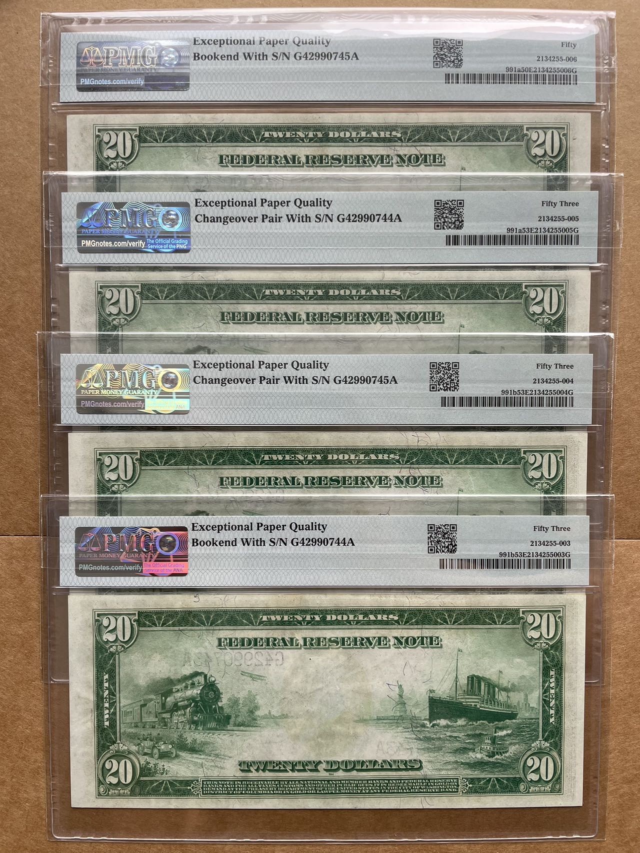 美国1914年20美元 转换钞4连号 PMG53EPQ